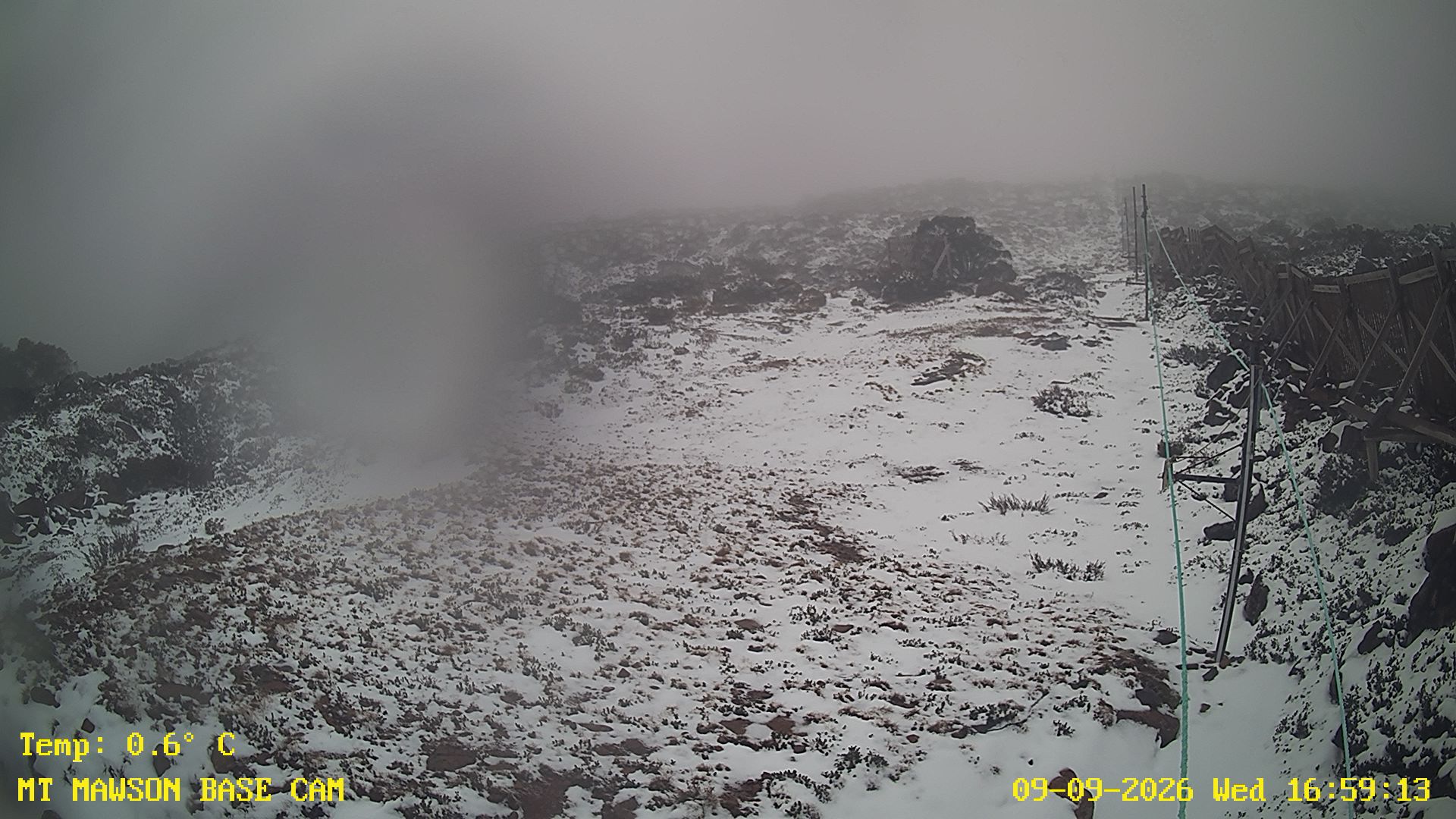 Mt Mawson Base Cam #1 snow cam captured at 9 September 2026 at 5:12 pm AEST
