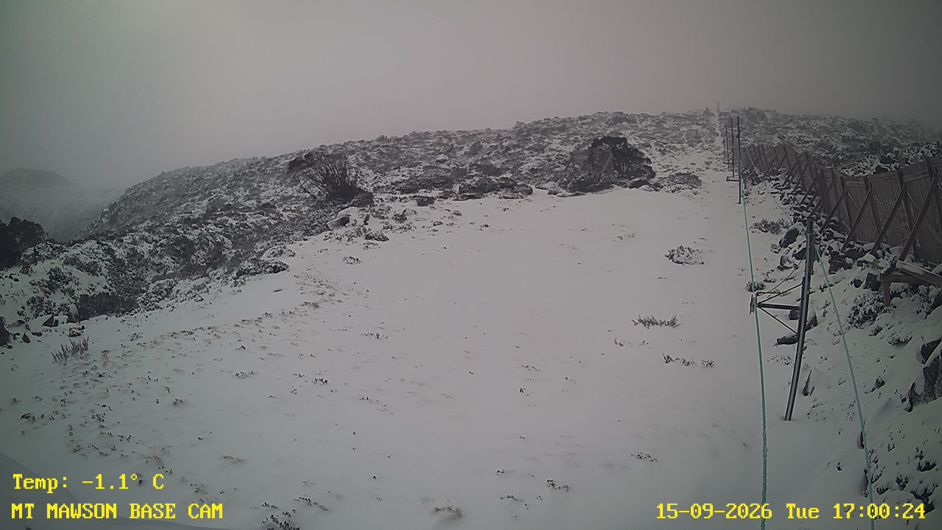 Mt Mawson Base Cam #1 snow cam captured at 15 September 2026 at 5:05 pm AEST