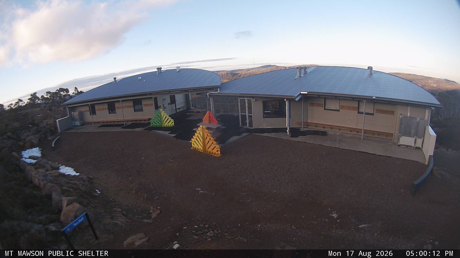 Mt Mawson Public Shelter snow cam captured at 17 August 2026 at 5:13 pm AEST