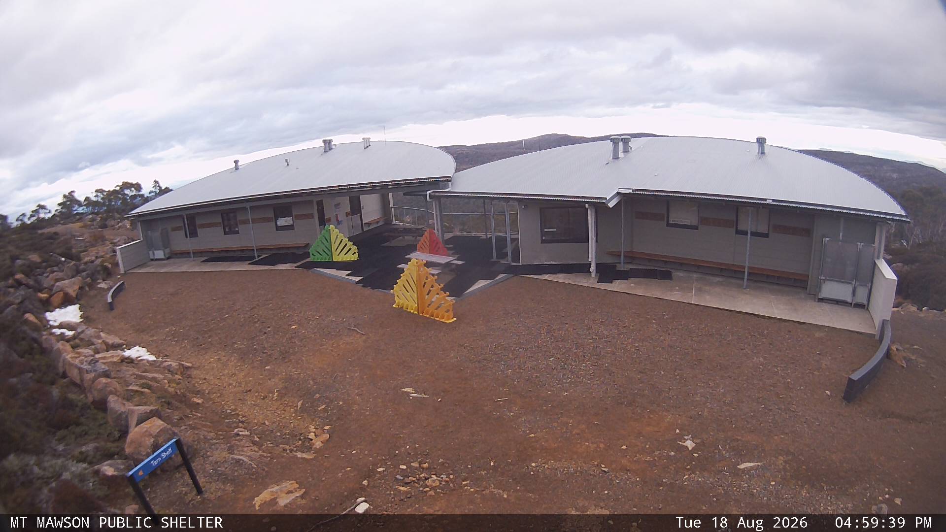 Mt Mawson Public Shelter snow cam captured at 18 August 2026 at 5:12 pm AEST