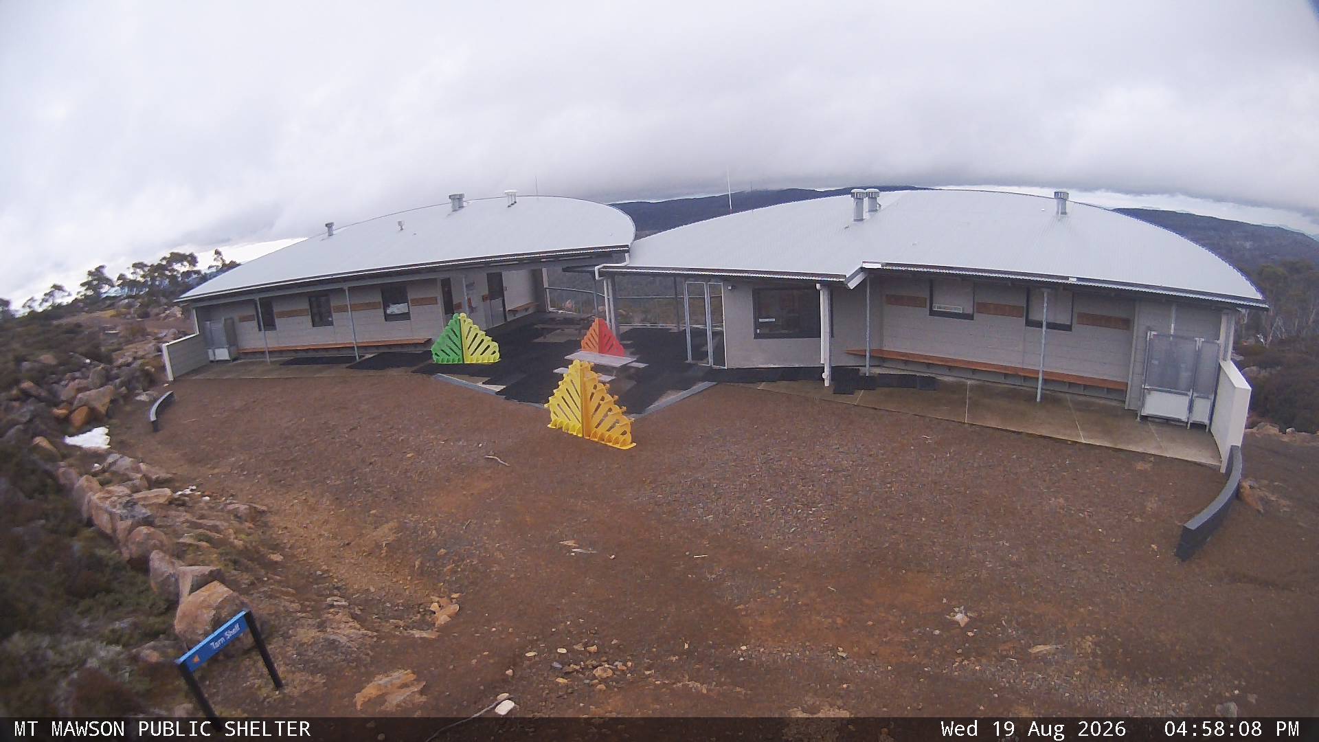 Mt Mawson Public Shelter snow cam captured at 19 August 2026 at 5:12 pm AEST