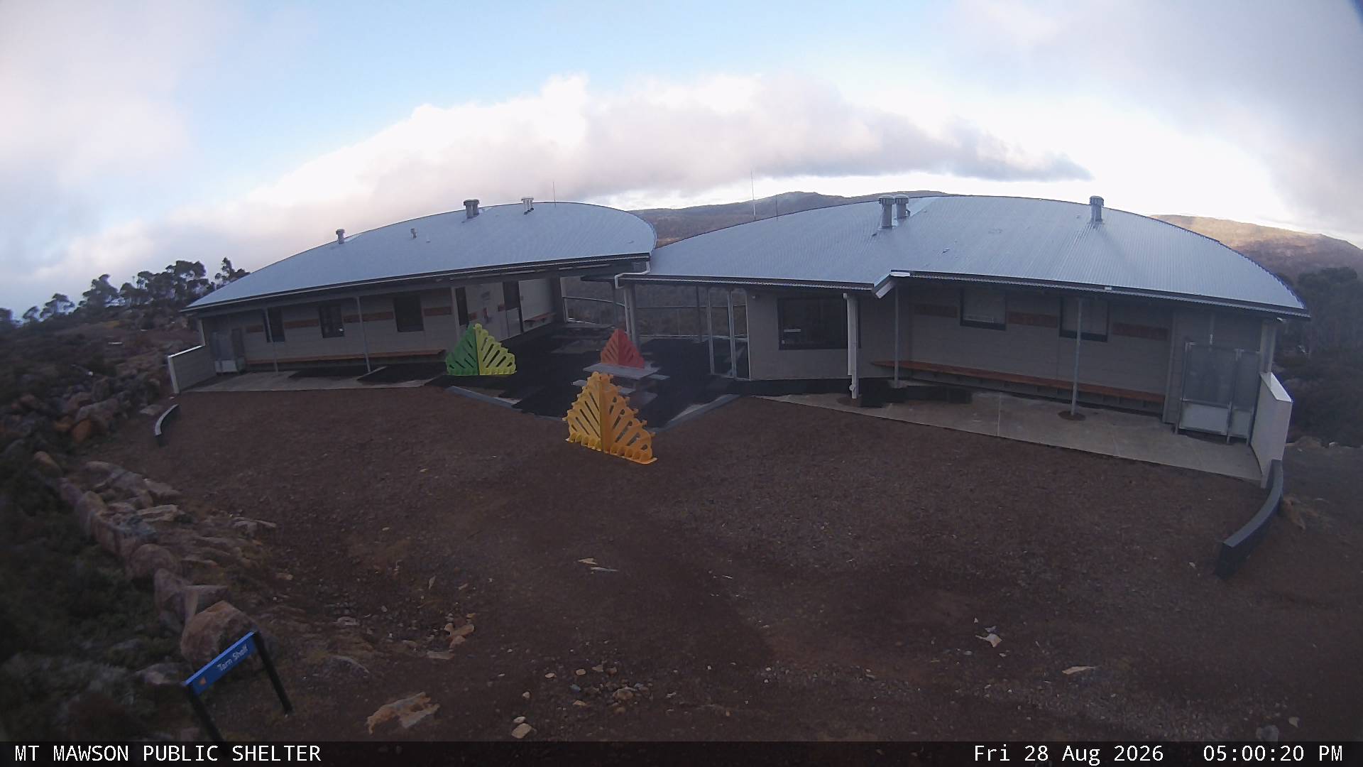 Mt Mawson Public Shelter snow cam captured at 28 August 2026 at 5:13 pm AEST