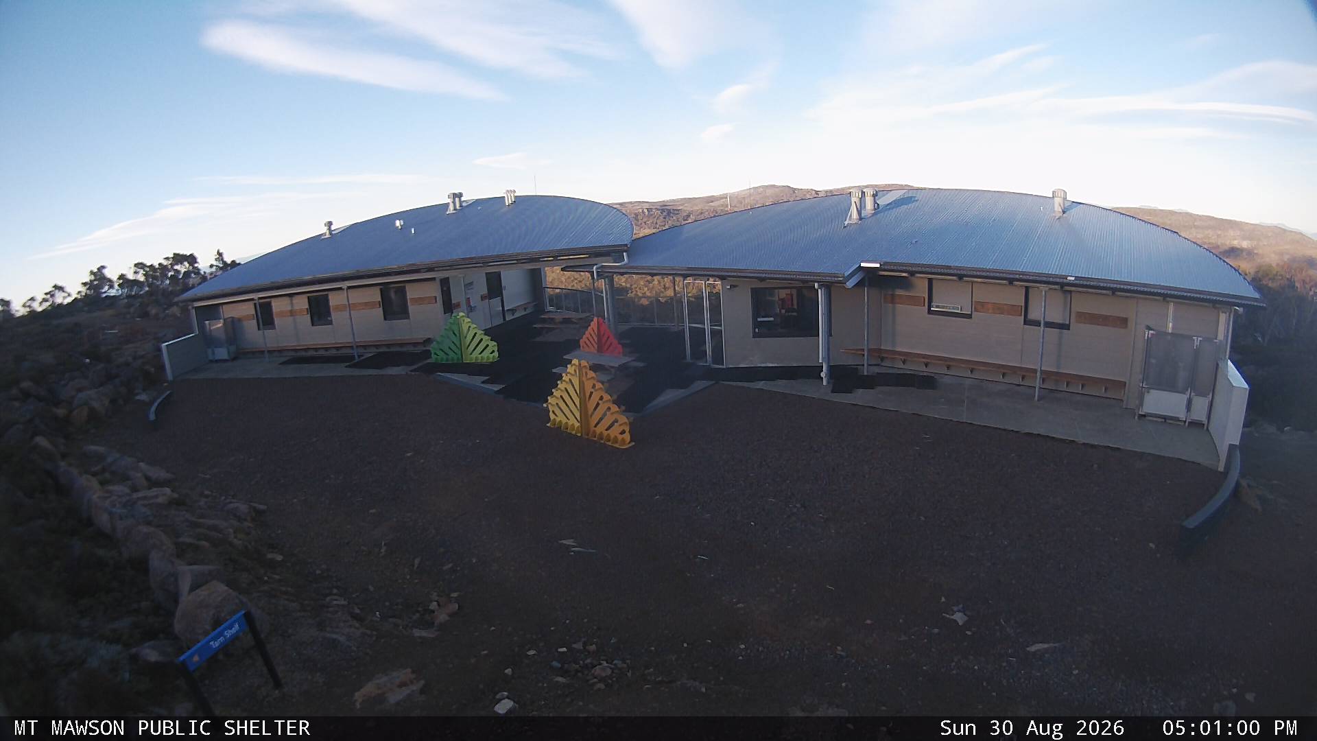 Mt Mawson Public Shelter snow cam captured at 30 August 2026 at 5:15 pm AEST