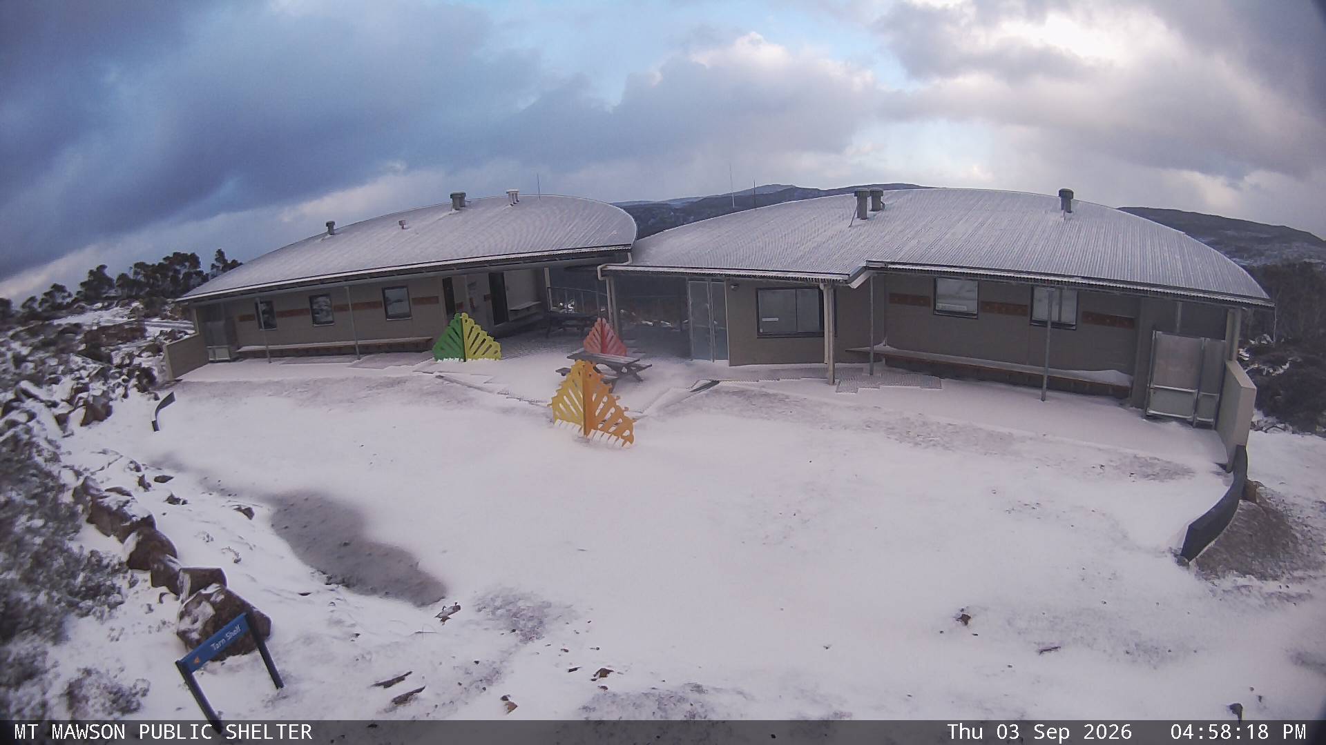 Mt Mawson Public Shelter snow cam captured at 3 September 2026 at 4:59 pm AEST