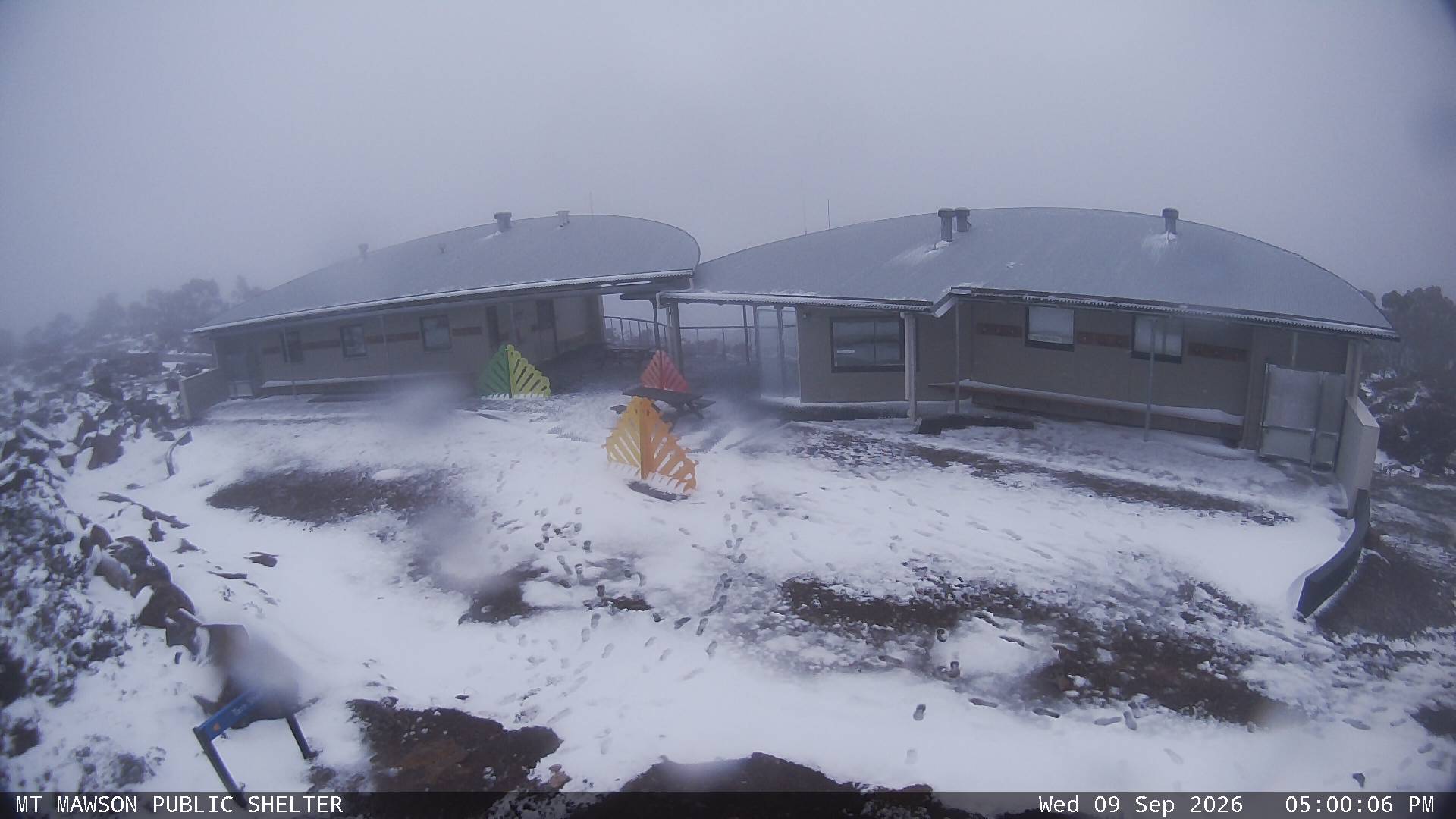 Mt Mawson Public Shelter snow cam captured at 9 September 2026 at 5:15 pm AEST