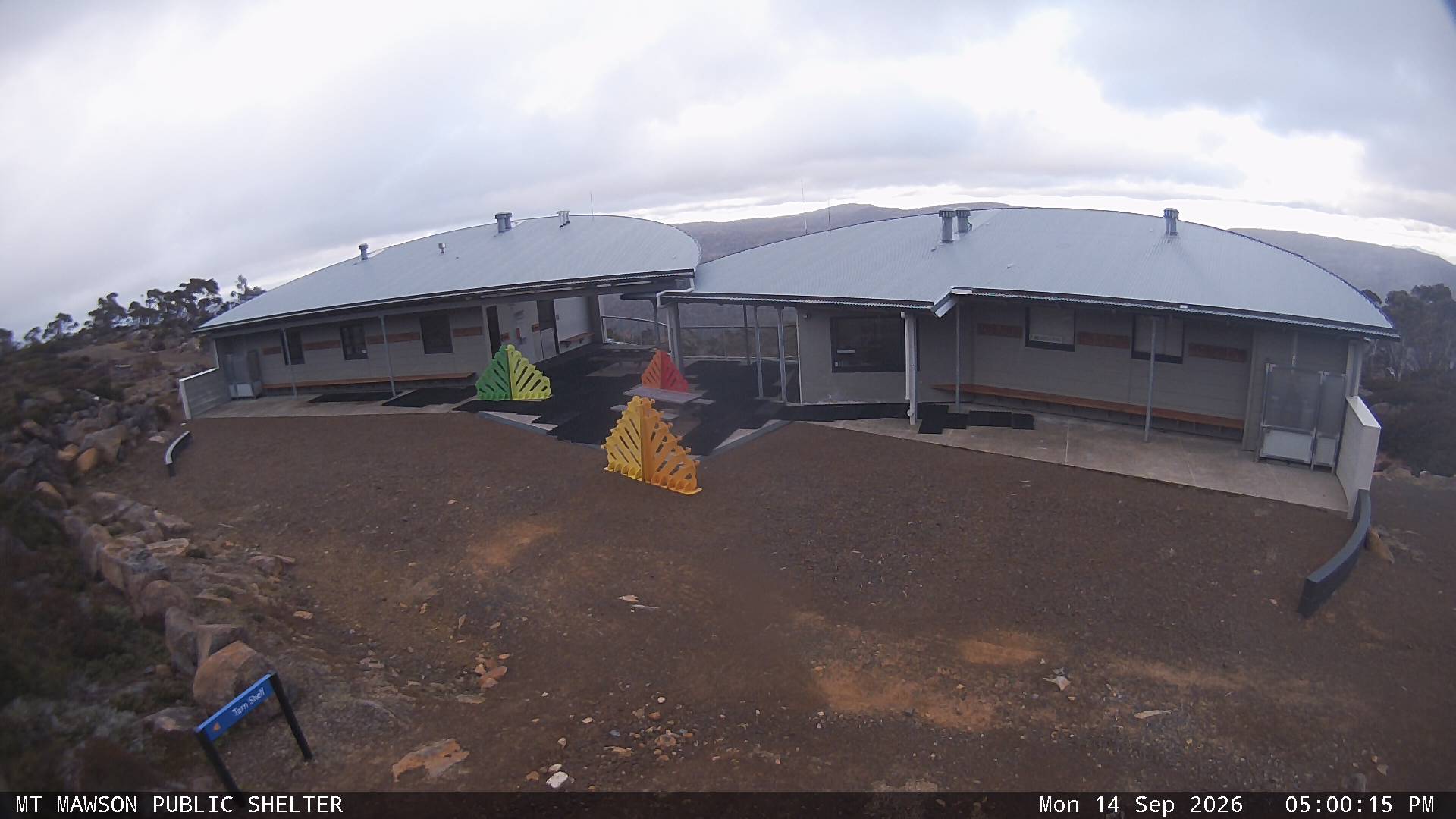 Mt Mawson Public Shelter snow cam captured at 14 September 2026 at 5:21 pm AEST
