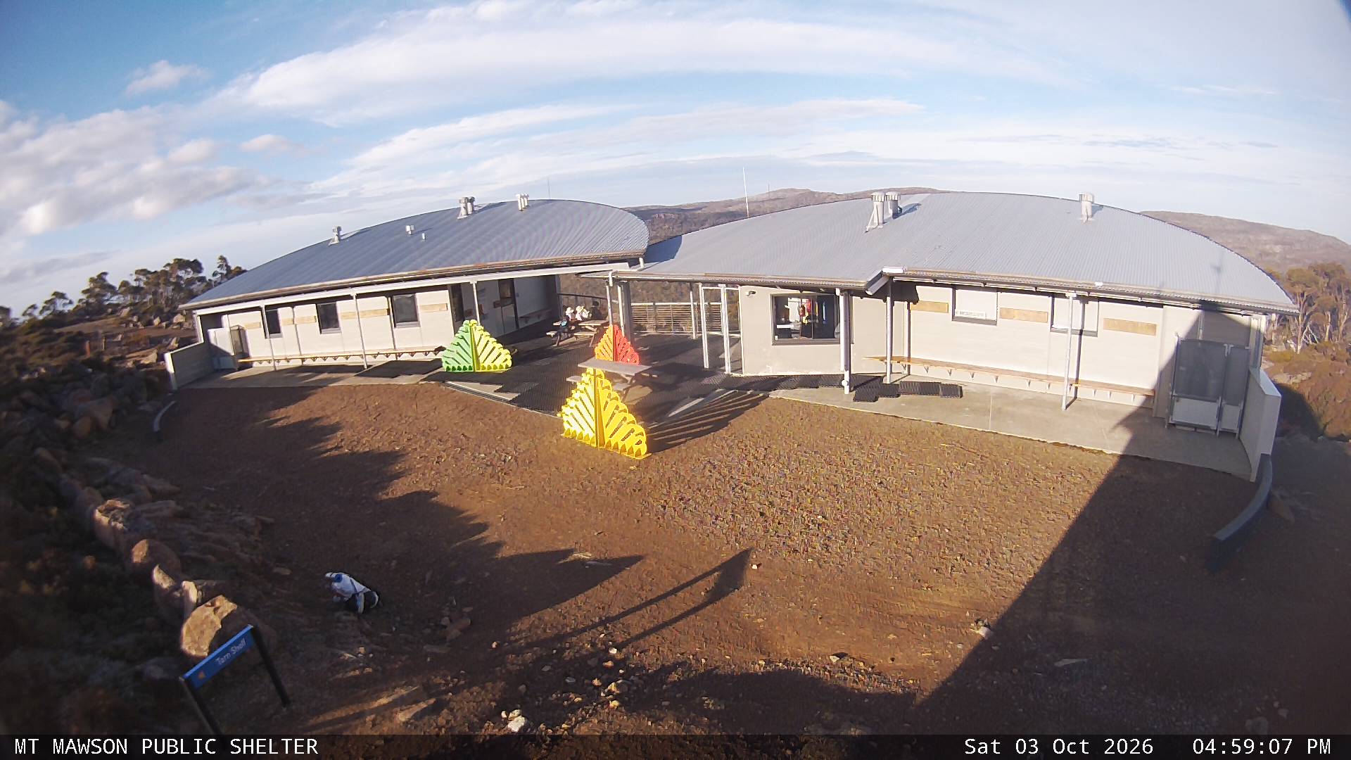 Mt Mawson Public Shelter snow cam captured at 3 October 2026 at 5:06 pm AEST