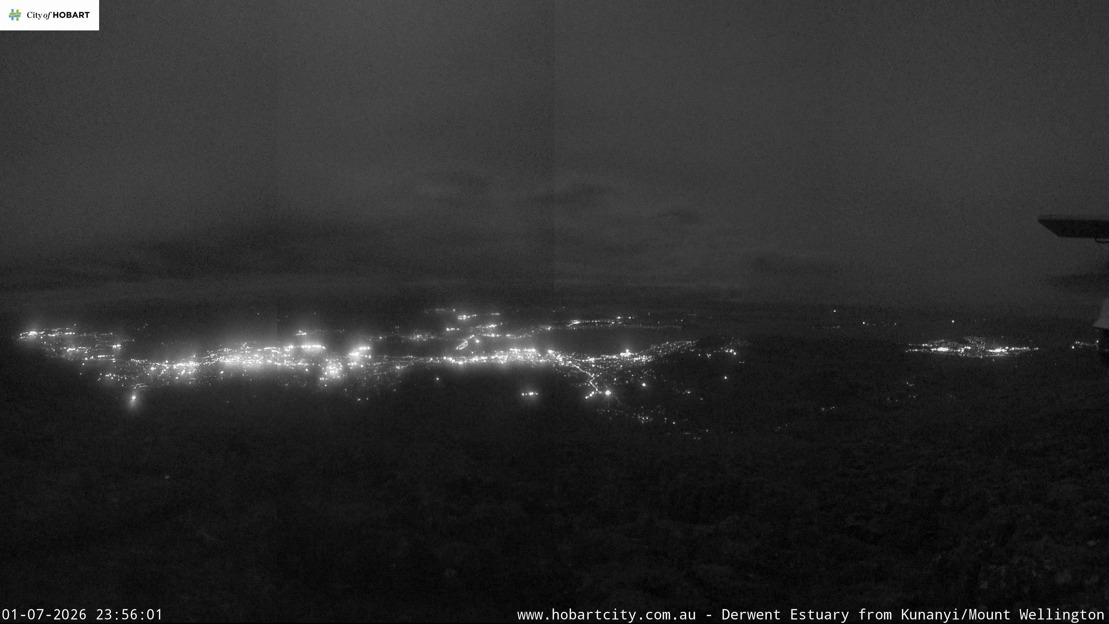 kunanyi / Mt Wellington Hobart and Derwent Estuary snow cam captured at 1 July 2026 at 11:56 pm AEST