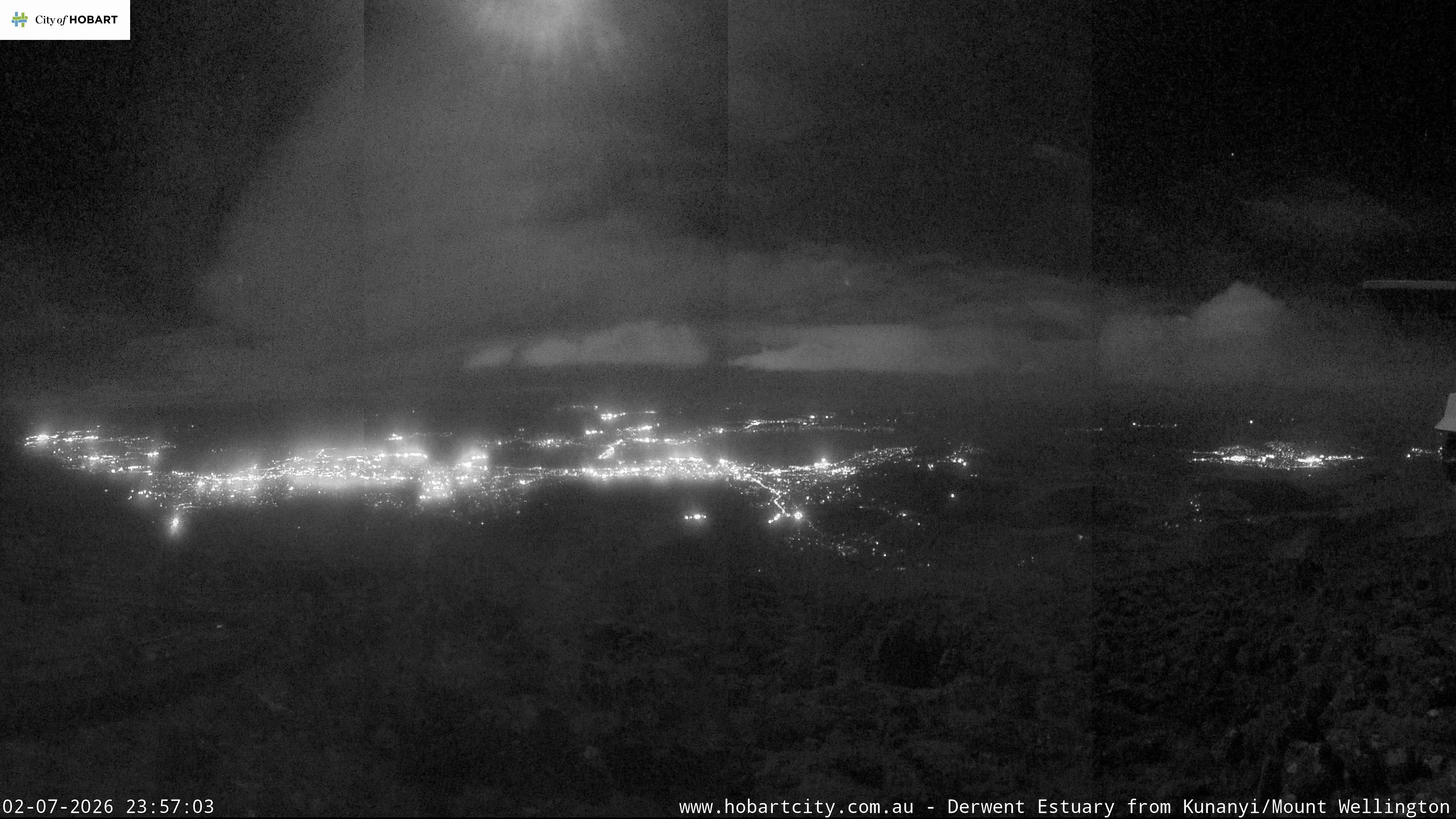 kunanyi / Mt Wellington Hobart and Derwent Estuary snow cam captured at 2 July 2026 at 11:57 pm AEST