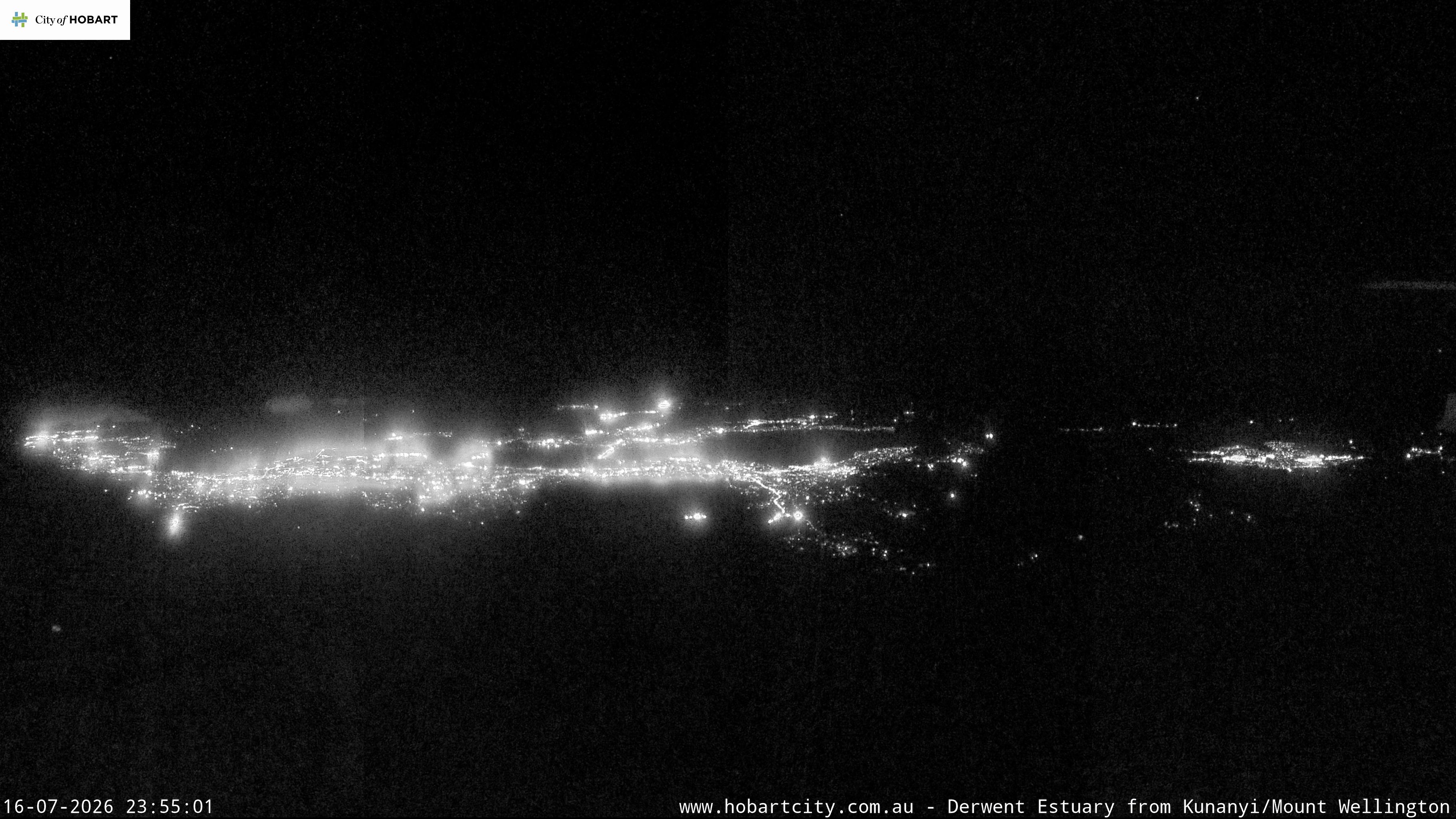 kunanyi / Mt Wellington Hobart and Derwent Estuary snow cam captured at 16 July 2026 at 11:55 pm AEST