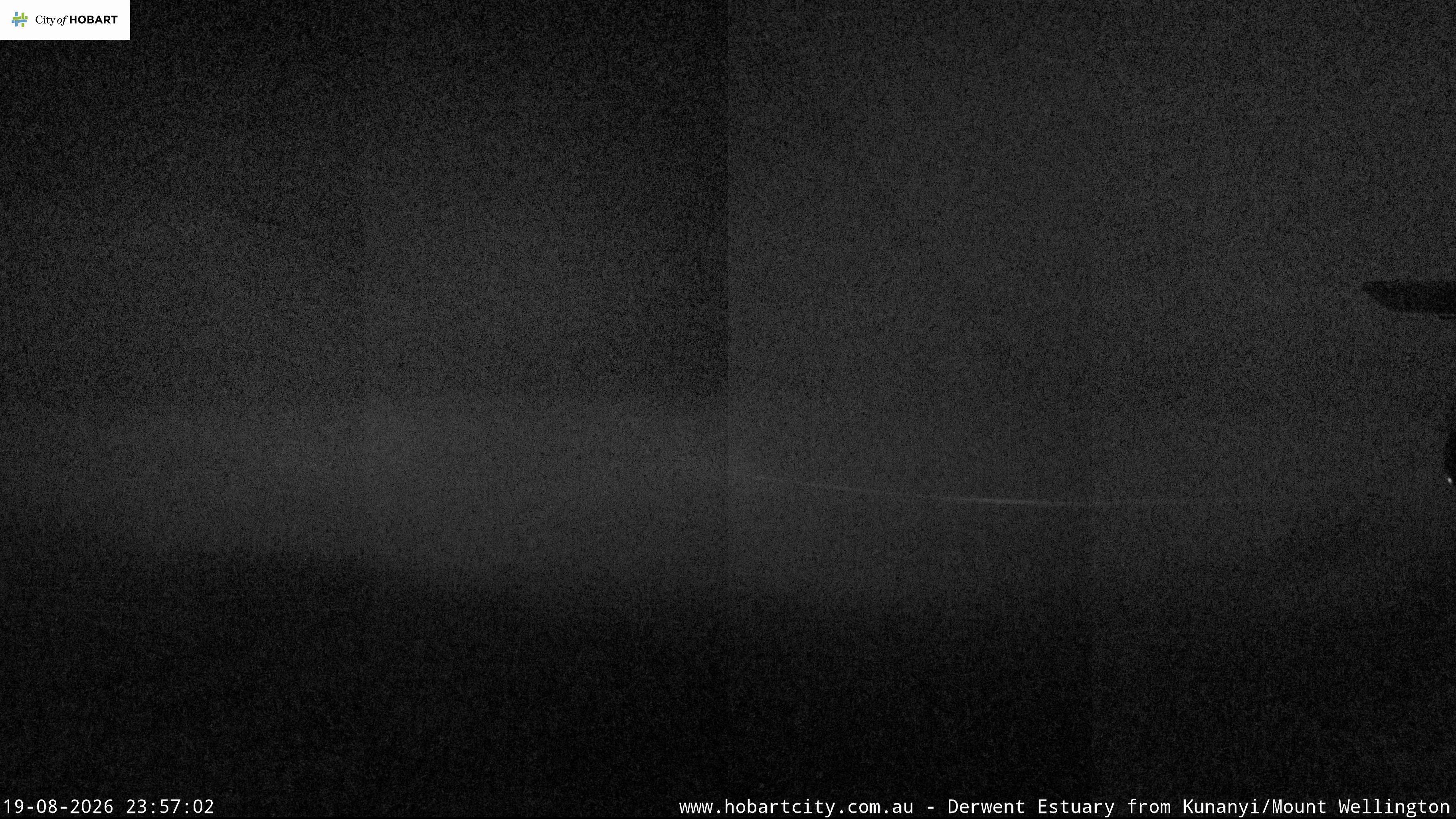 kunanyi / Mt Wellington Hobart and Derwent Estuary snow cam captured at 19 August 2026 at 11:57 pm AEST
