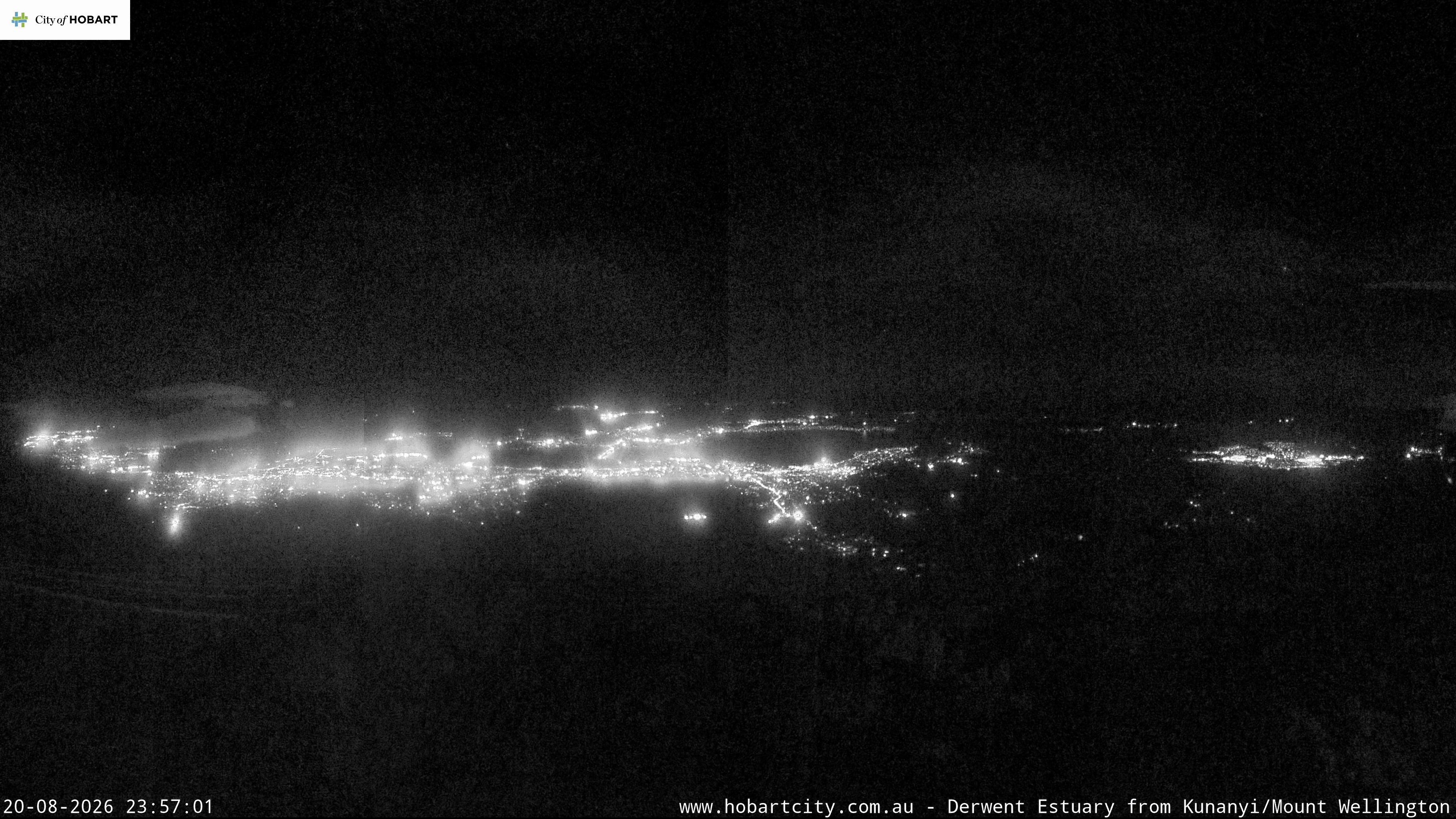 kunanyi / Mt Wellington Hobart and Derwent Estuary snow cam captured at 20 August 2026 at 11:57 pm AEST