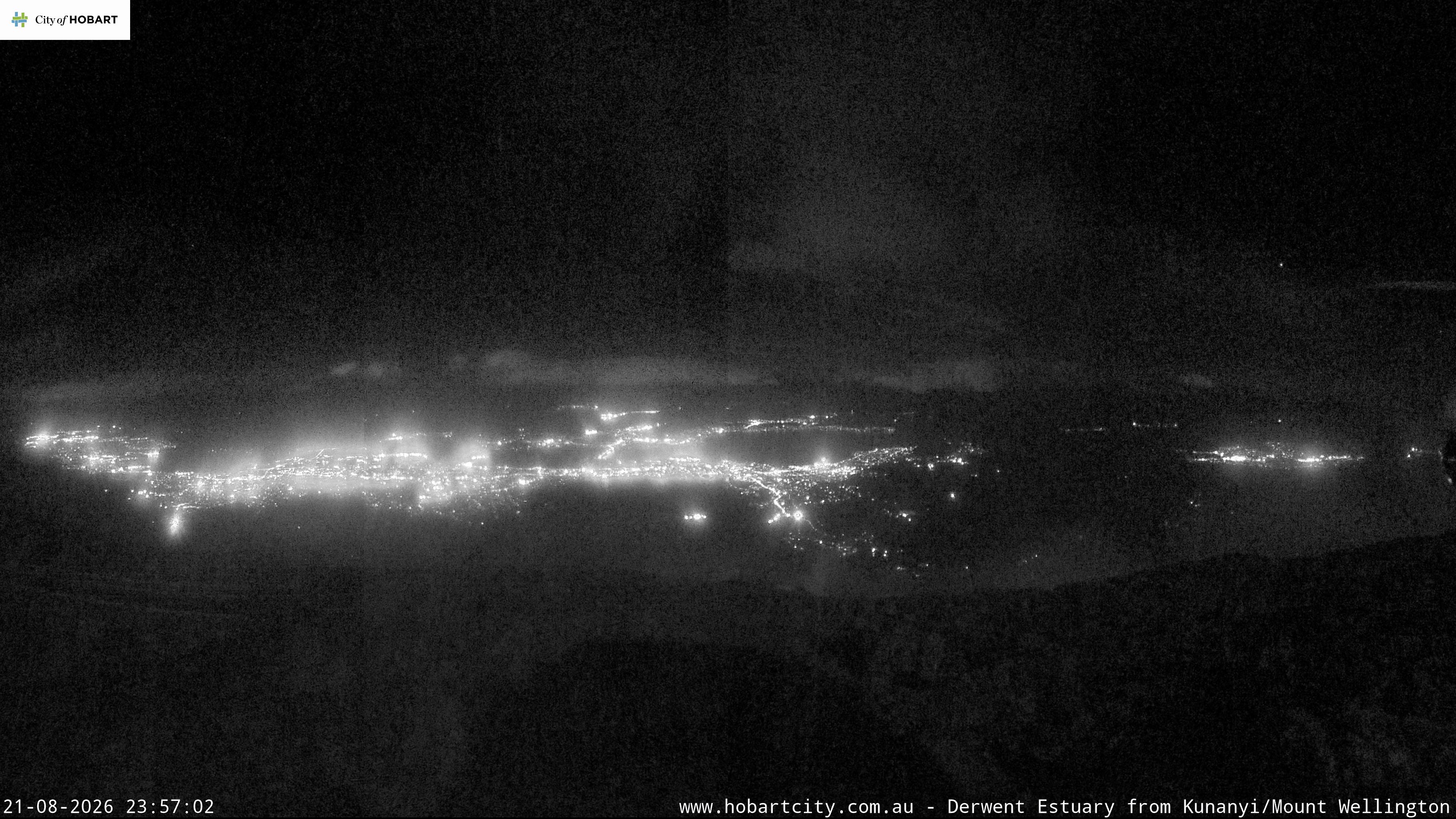 kunanyi / Mt Wellington Hobart and Derwent Estuary snow cam captured at 21 August 2026 at 11:57 pm AEST