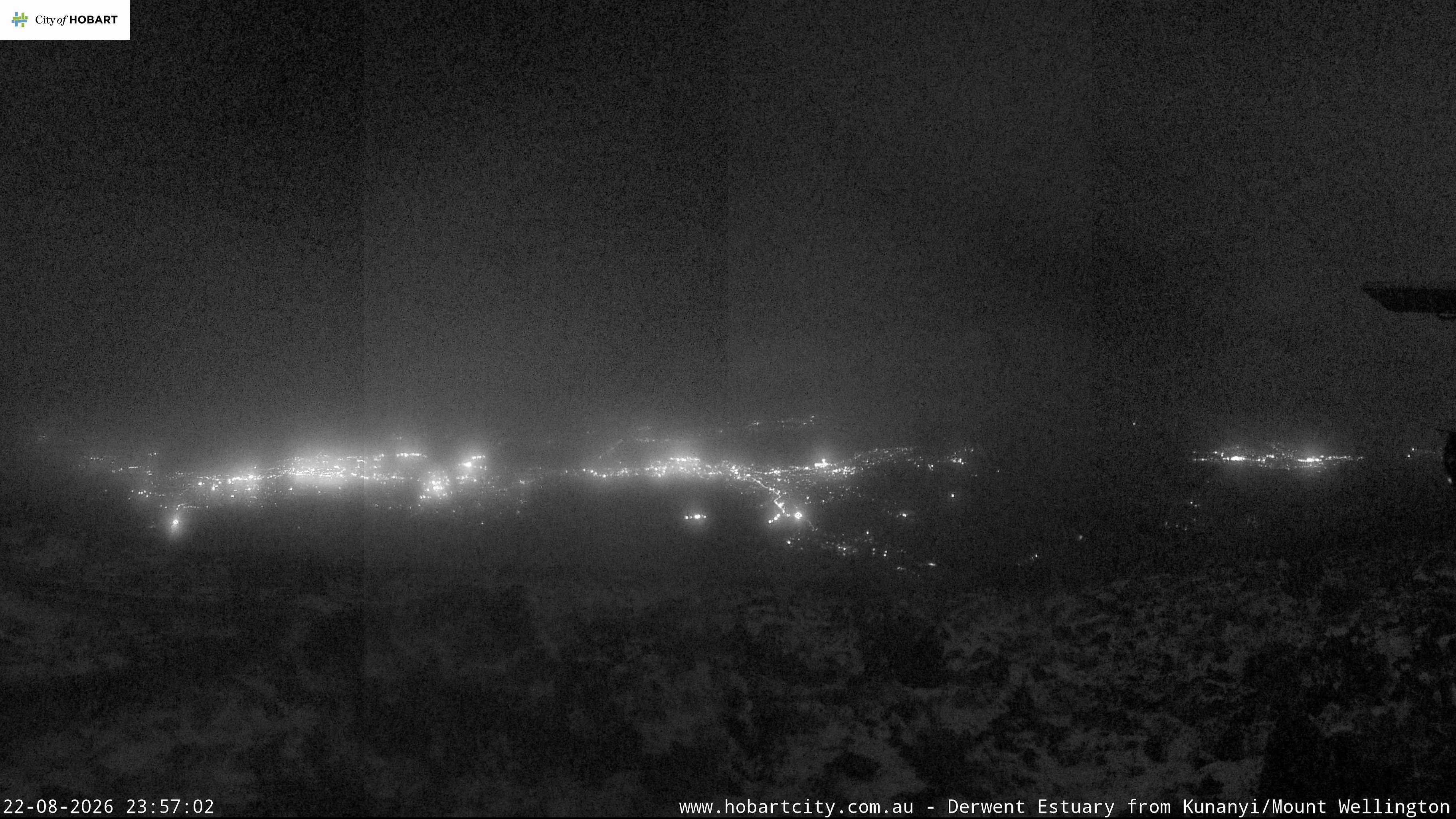 kunanyi / Mt Wellington Hobart and Derwent Estuary snow cam captured at 22 August 2026 at 11:57 pm AEST