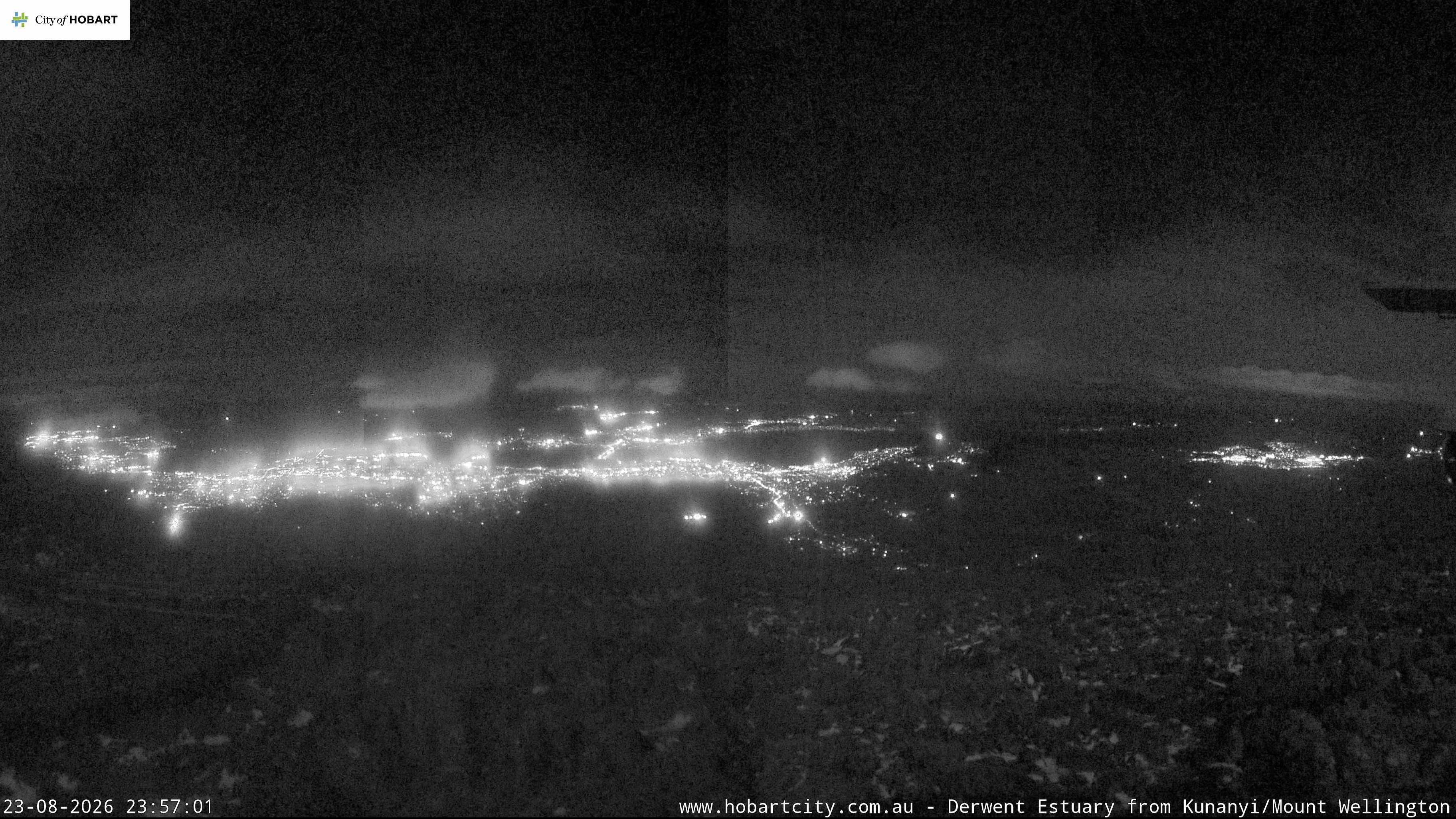 kunanyi / Mt Wellington Hobart and Derwent Estuary snow cam captured at 23 August 2026 at 11:57 pm AEST