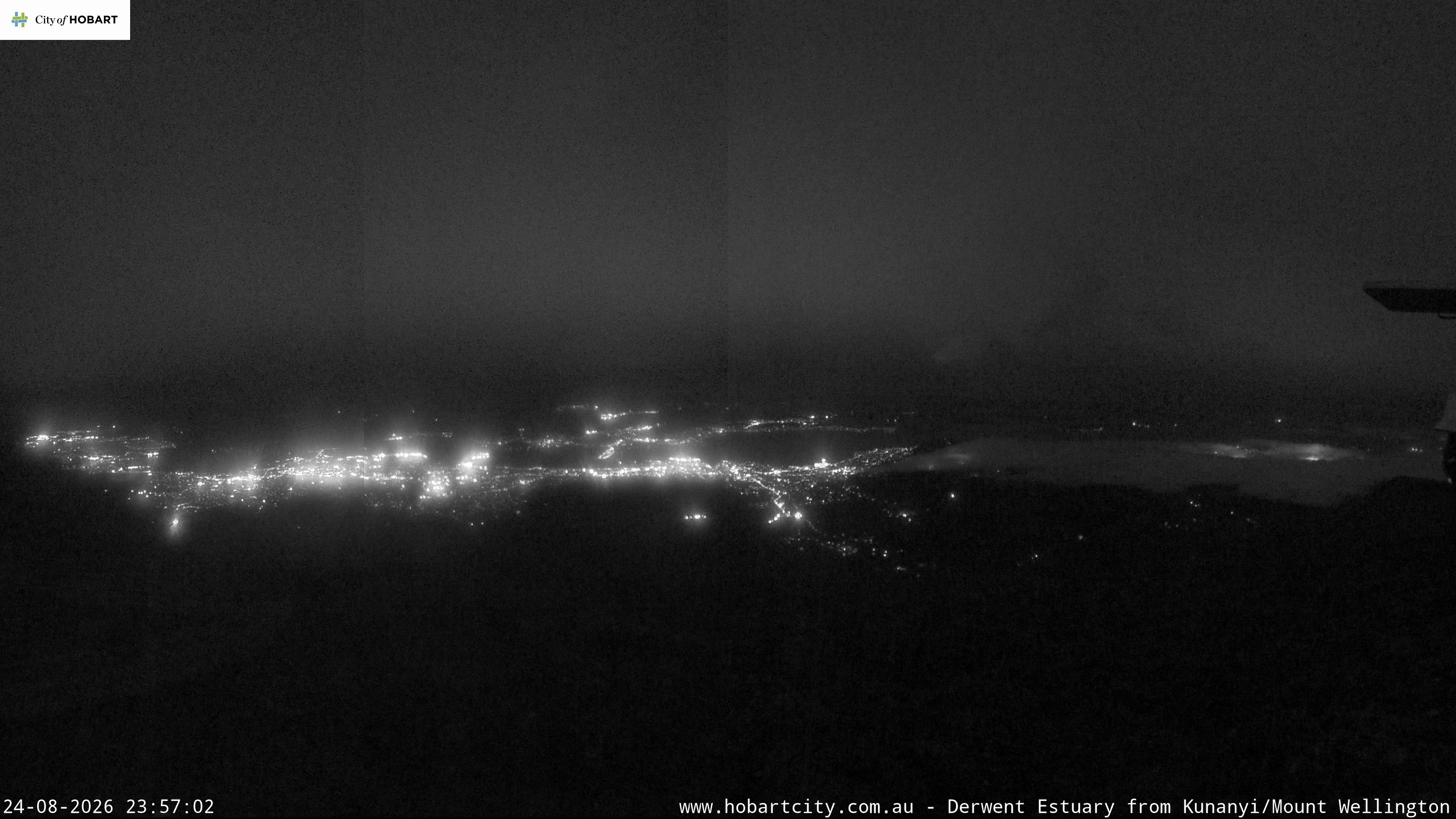 kunanyi / Mt Wellington Hobart and Derwent Estuary snow cam captured at 24 August 2026 at 11:57 pm AEST