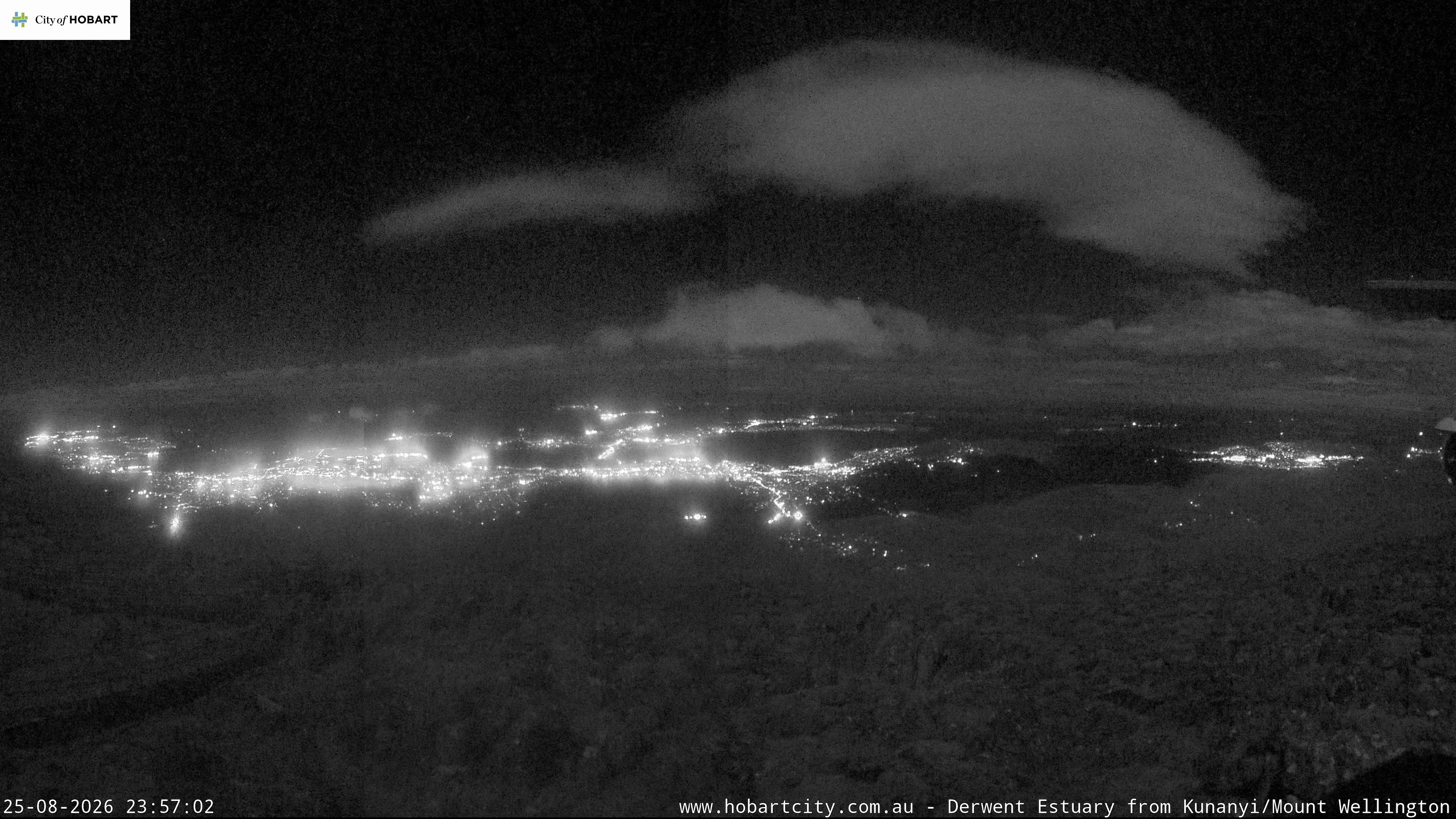 kunanyi / Mt Wellington Hobart and Derwent Estuary snow cam captured at 25 August 2026 at 11:57 pm AEST