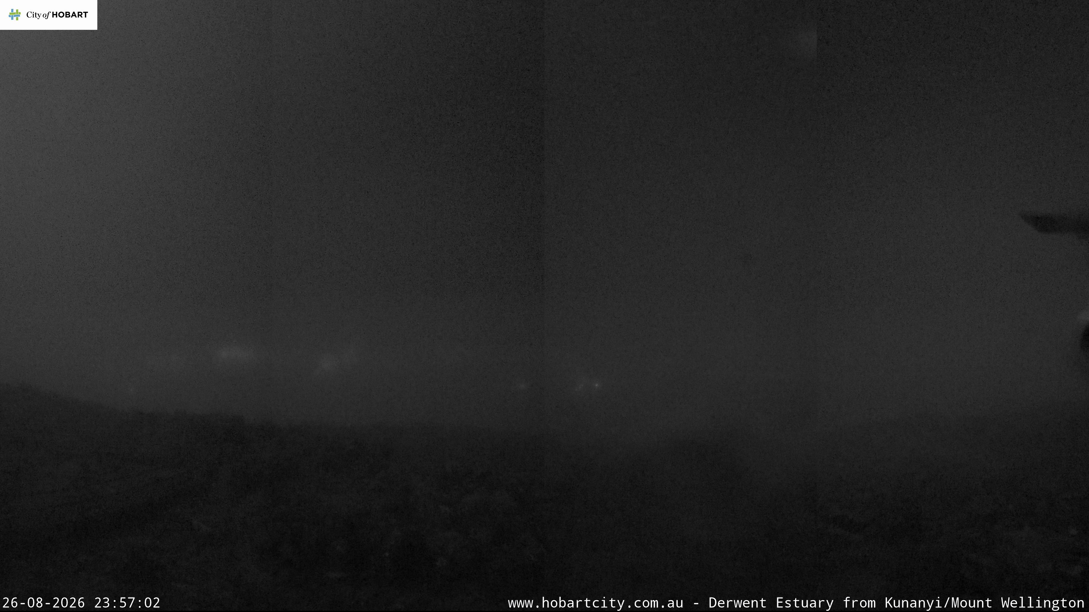 kunanyi / Mt Wellington Hobart and Derwent Estuary snow cam captured at 26 August 2026 at 11:57 pm AEST