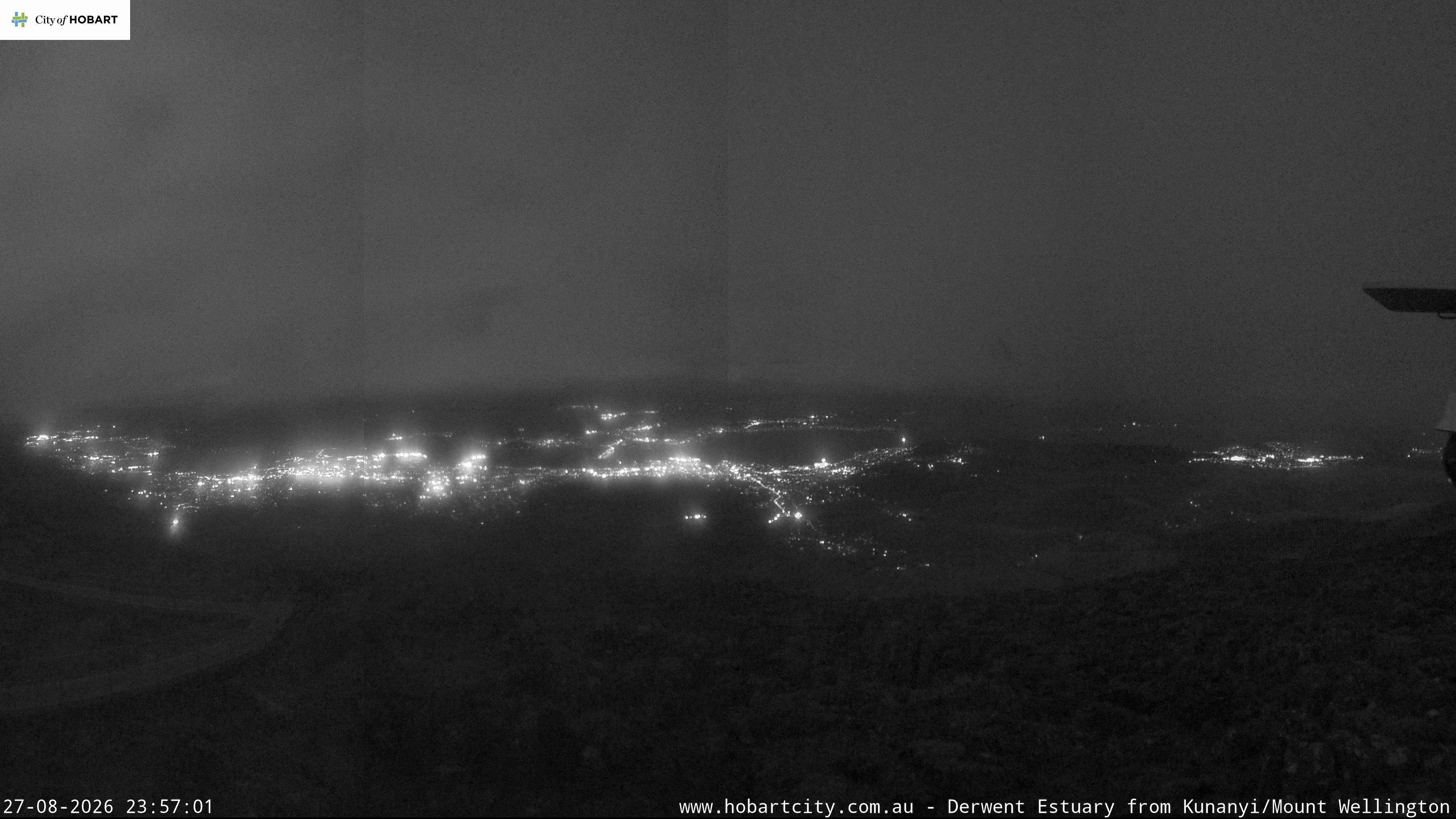 kunanyi / Mt Wellington Hobart and Derwent Estuary snow cam captured at 27 August 2026 at 11:57 pm AEST