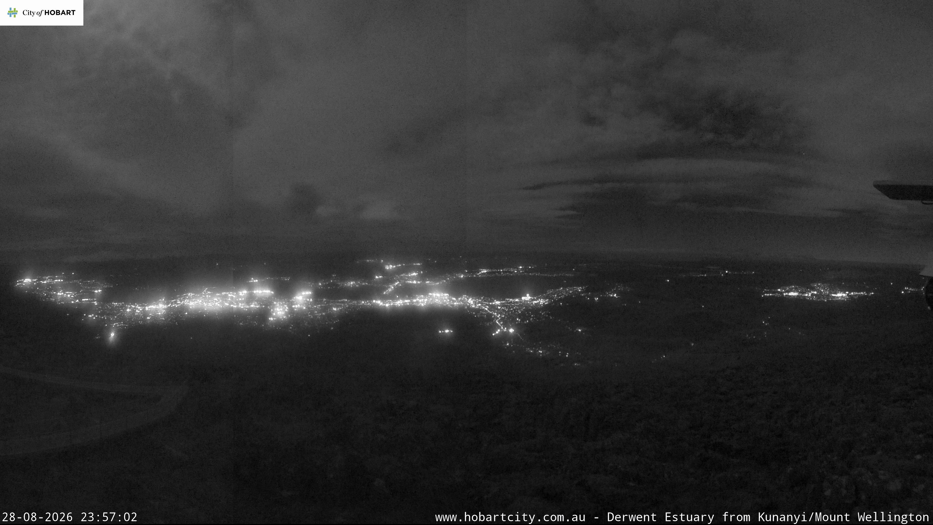 kunanyi / Mt Wellington Hobart and Derwent Estuary snow cam captured at 28 August 2026 at 11:57 pm AEST