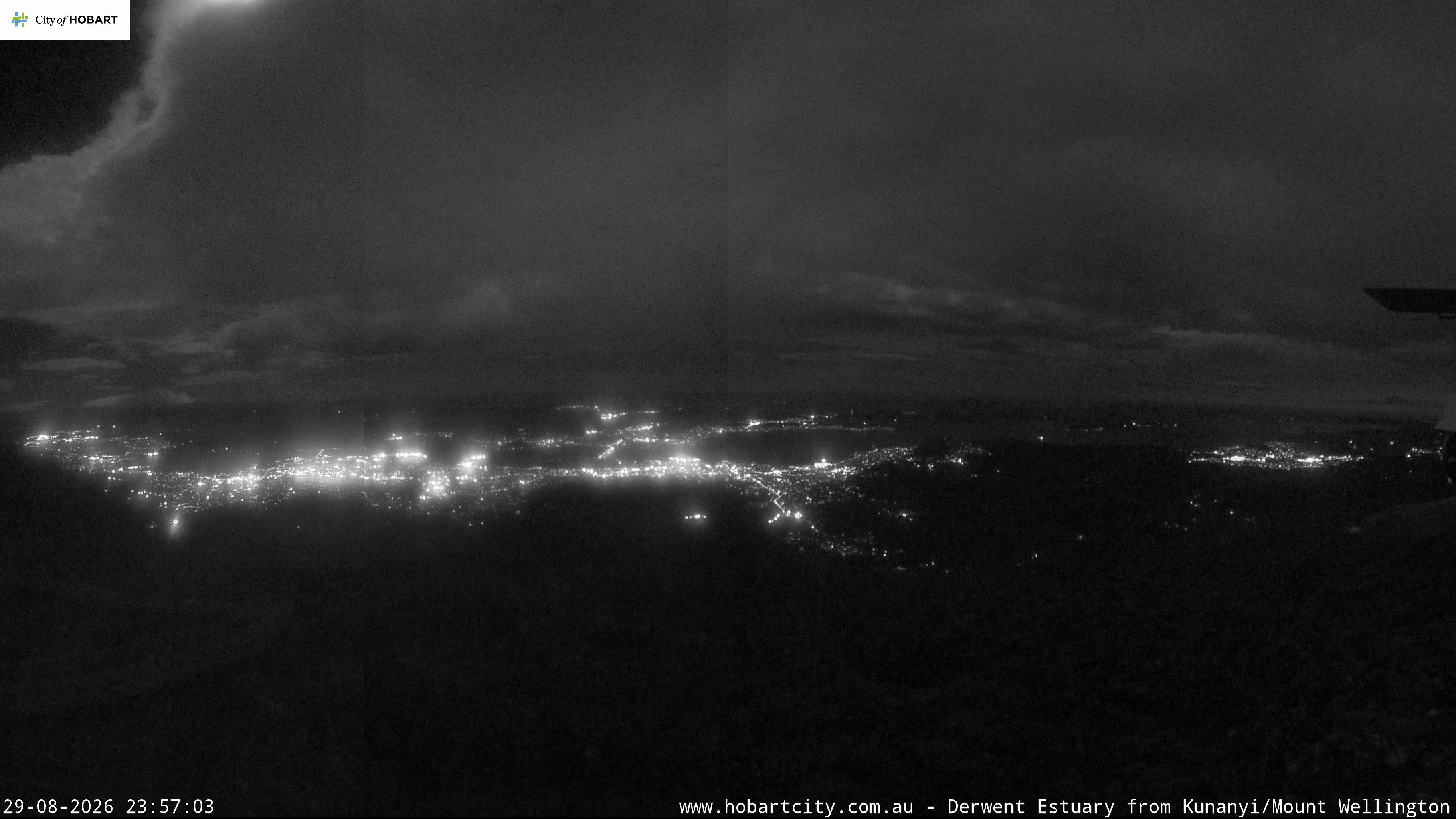 kunanyi / Mt Wellington Hobart and Derwent Estuary snow cam captured at 29 August 2026 at 11:57 pm AEST