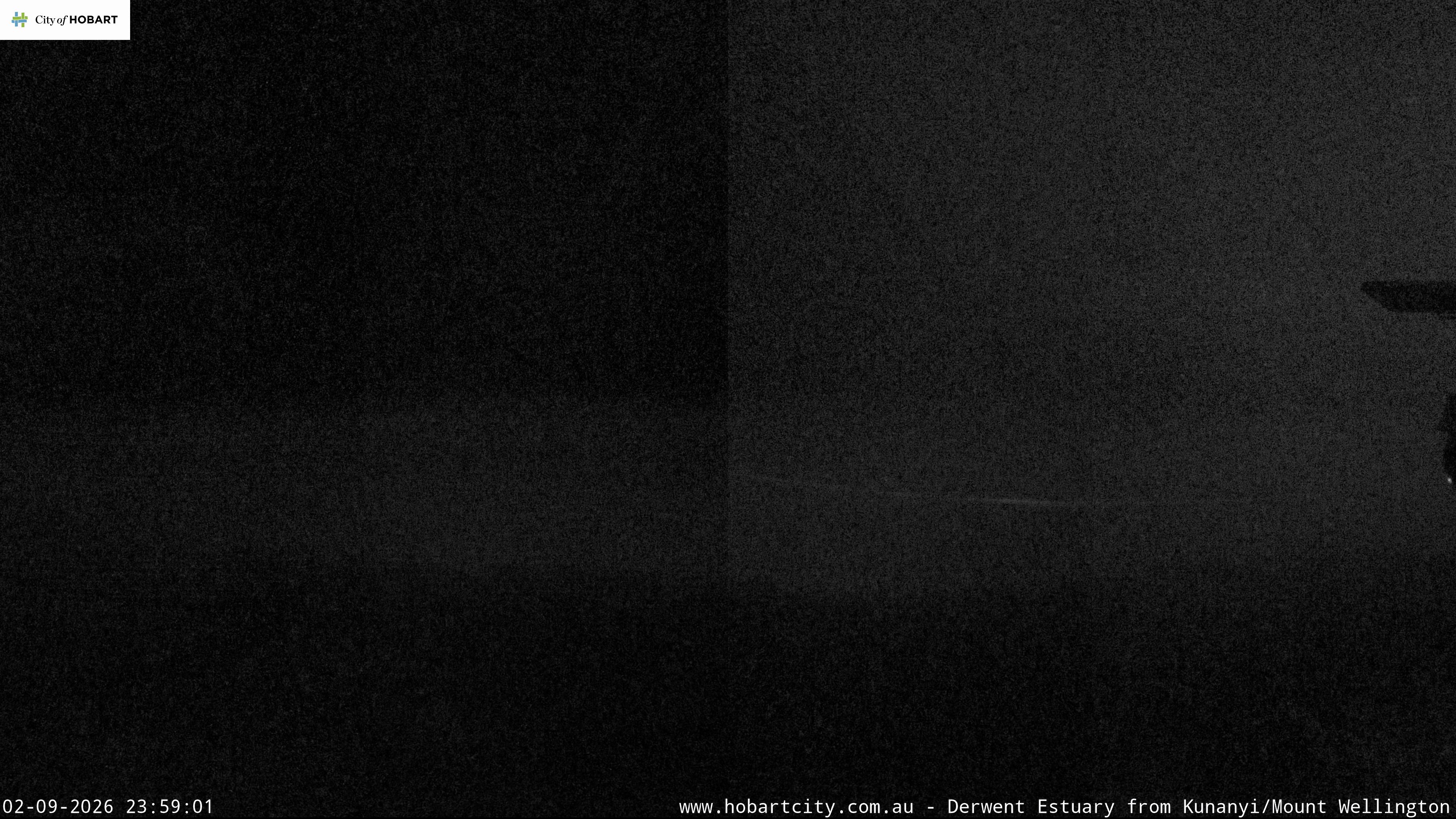 kunanyi / Mt Wellington Hobart and Derwent Estuary snow cam captured at 2 September 2026 at 11:59 pm AEST