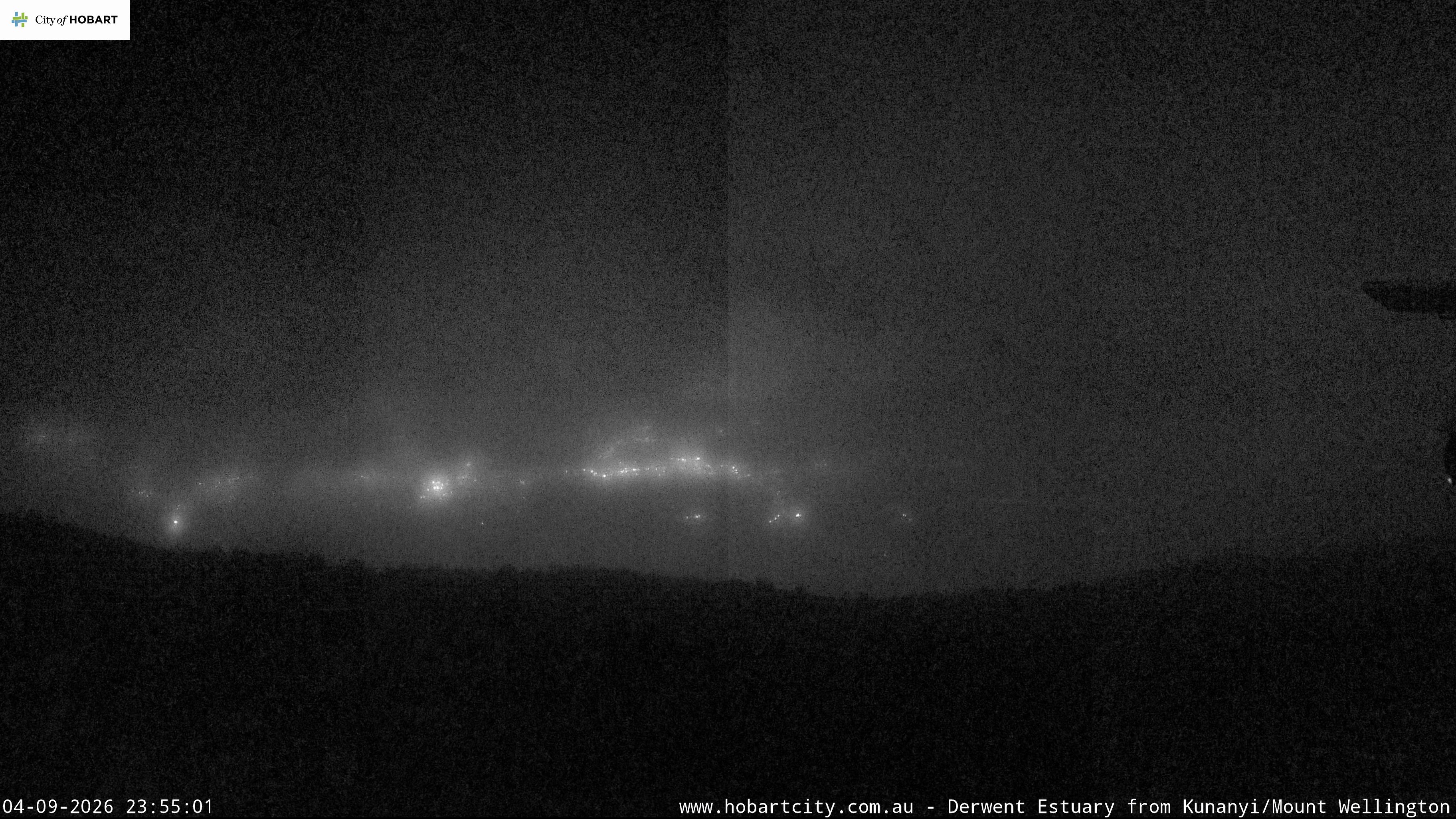 kunanyi / Mt Wellington Hobart and Derwent Estuary snow cam captured at 4 September 2026 at 11:56 pm AEST