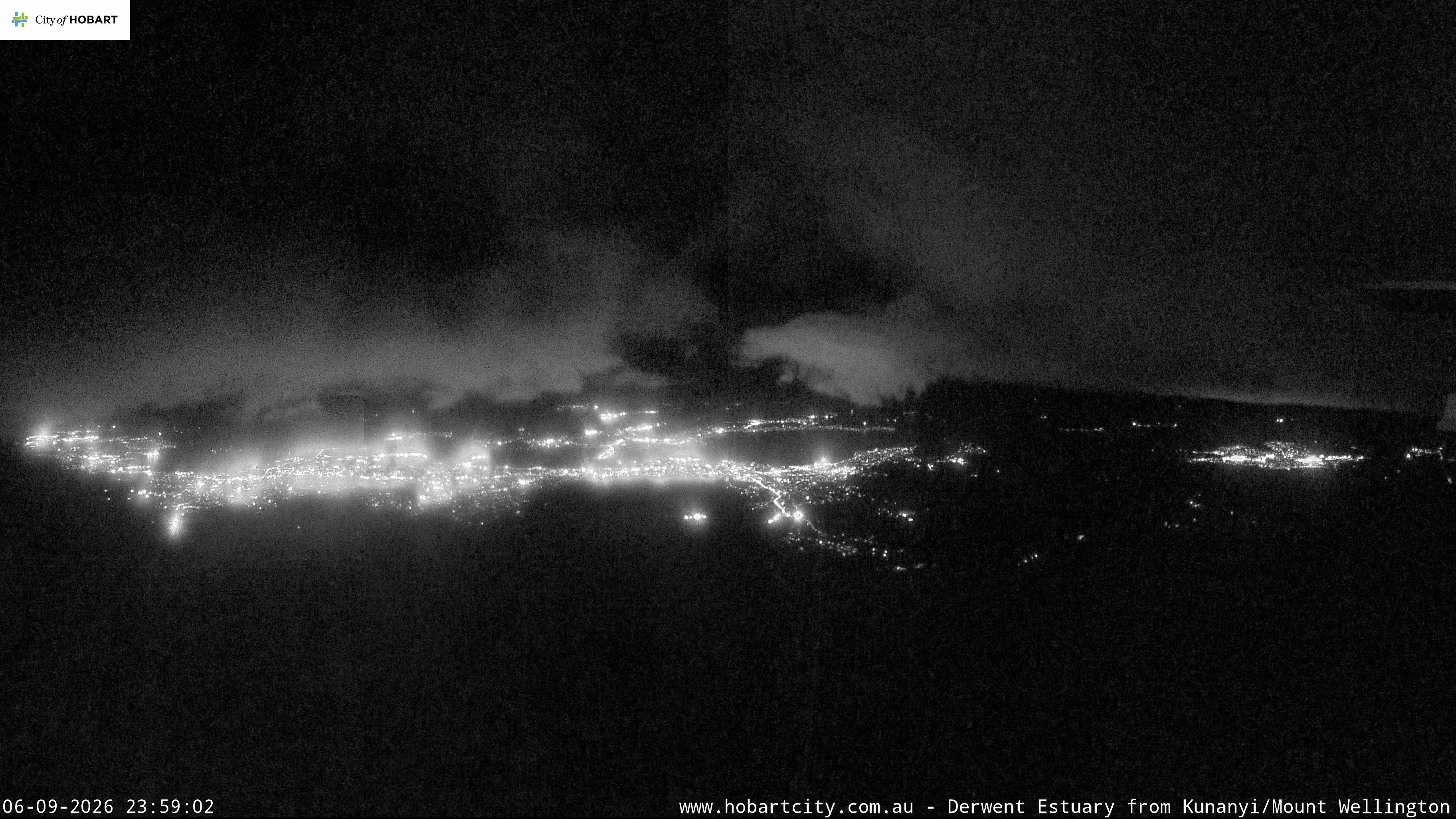 kunanyi / Mt Wellington Hobart and Derwent Estuary snow cam captured at 6 September 2026 at 11:59 pm AEST