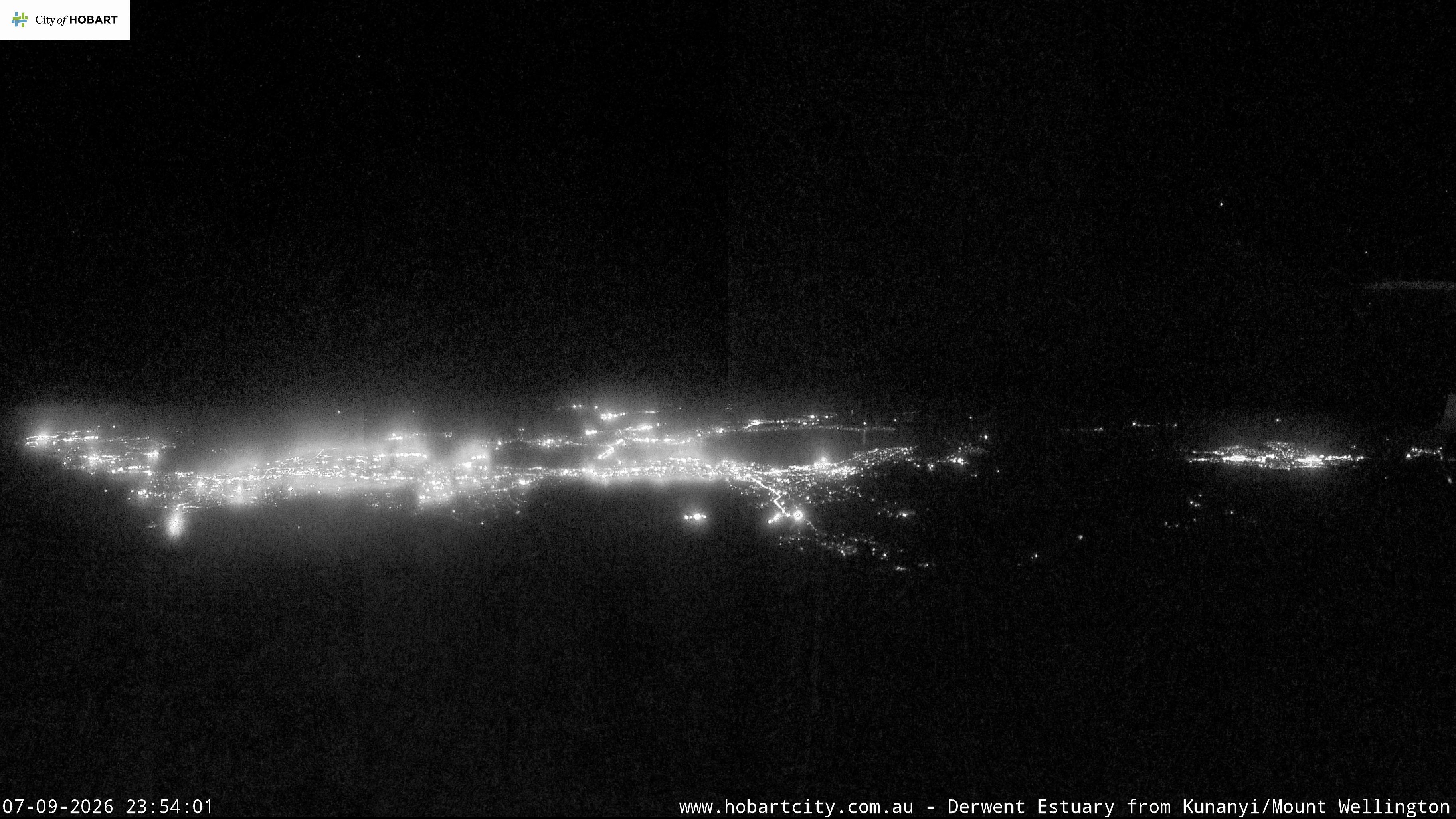 kunanyi / Mt Wellington Hobart and Derwent Estuary snow cam captured at 7 September 2026 at 11:54 pm AEST