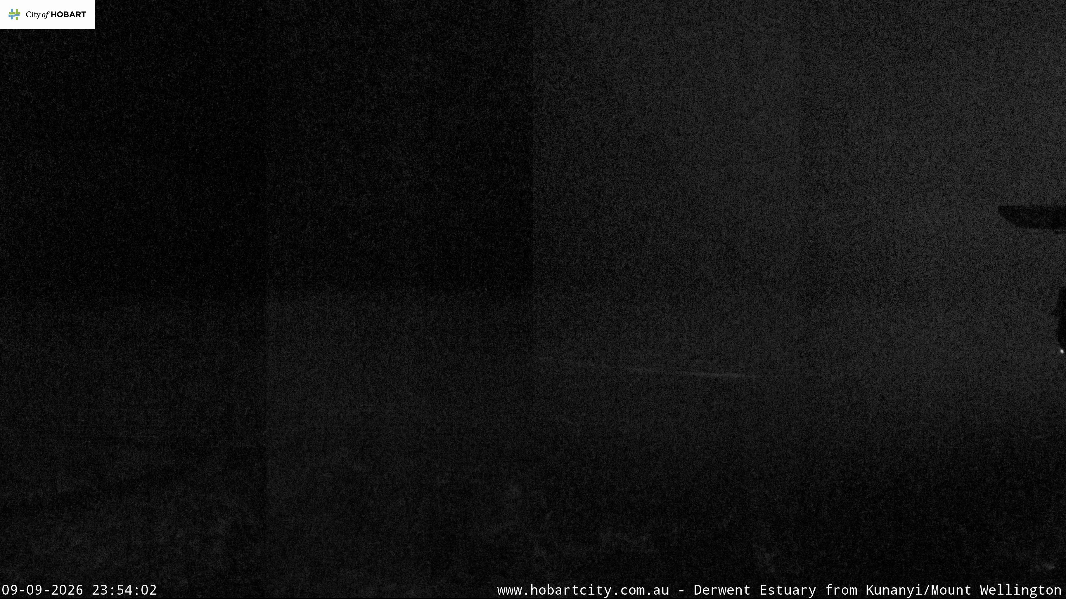 kunanyi / Mt Wellington Hobart and Derwent Estuary snow cam captured at 9 September 2026 at 11:54 pm AEST