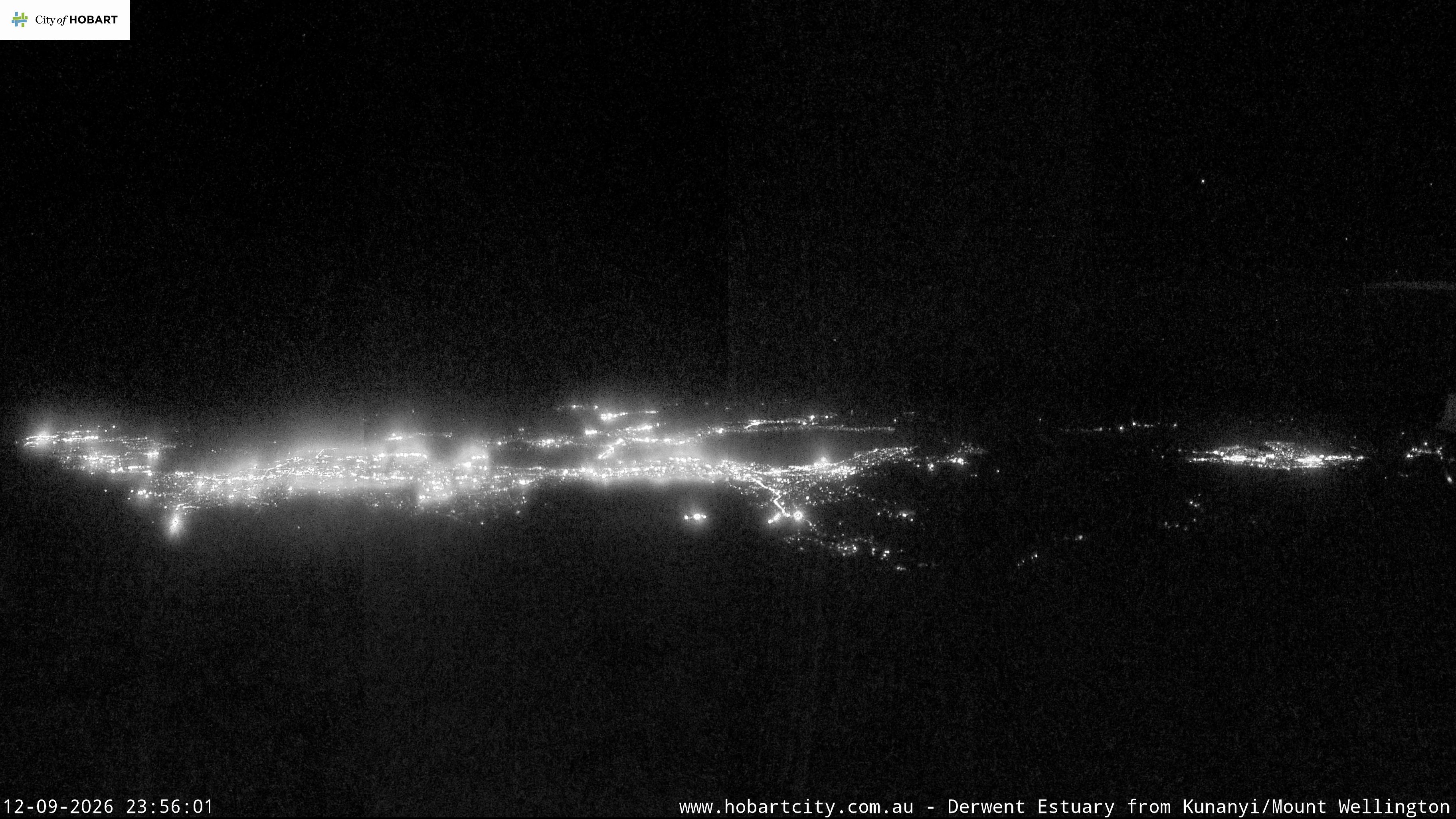 kunanyi / Mt Wellington Hobart and Derwent Estuary snow cam captured at 12 September 2026 at 11:56 pm AEST
