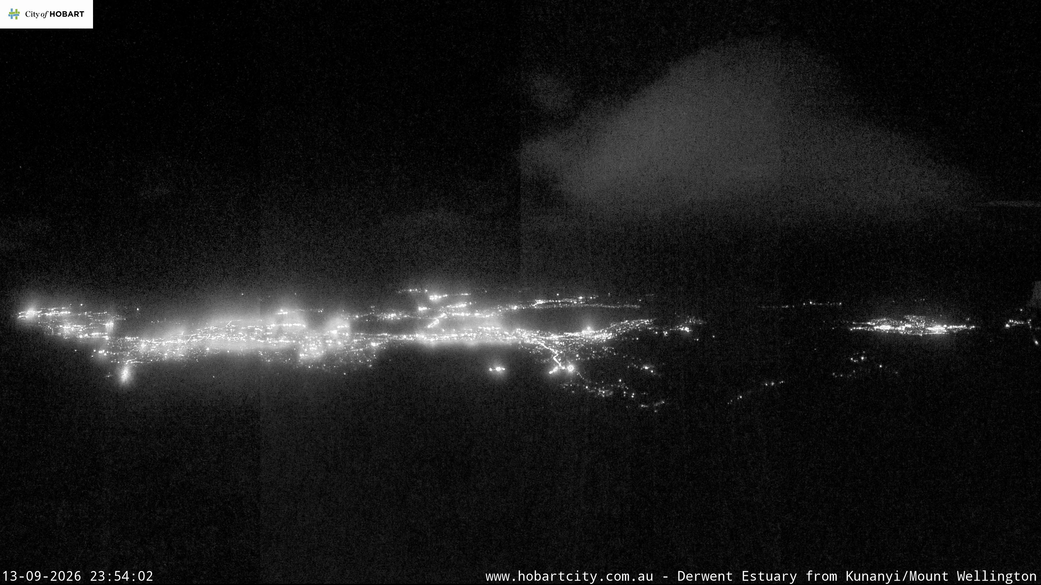 kunanyi / Mt Wellington Hobart and Derwent Estuary snow cam captured at 13 September 2026 at 11:54 pm AEST