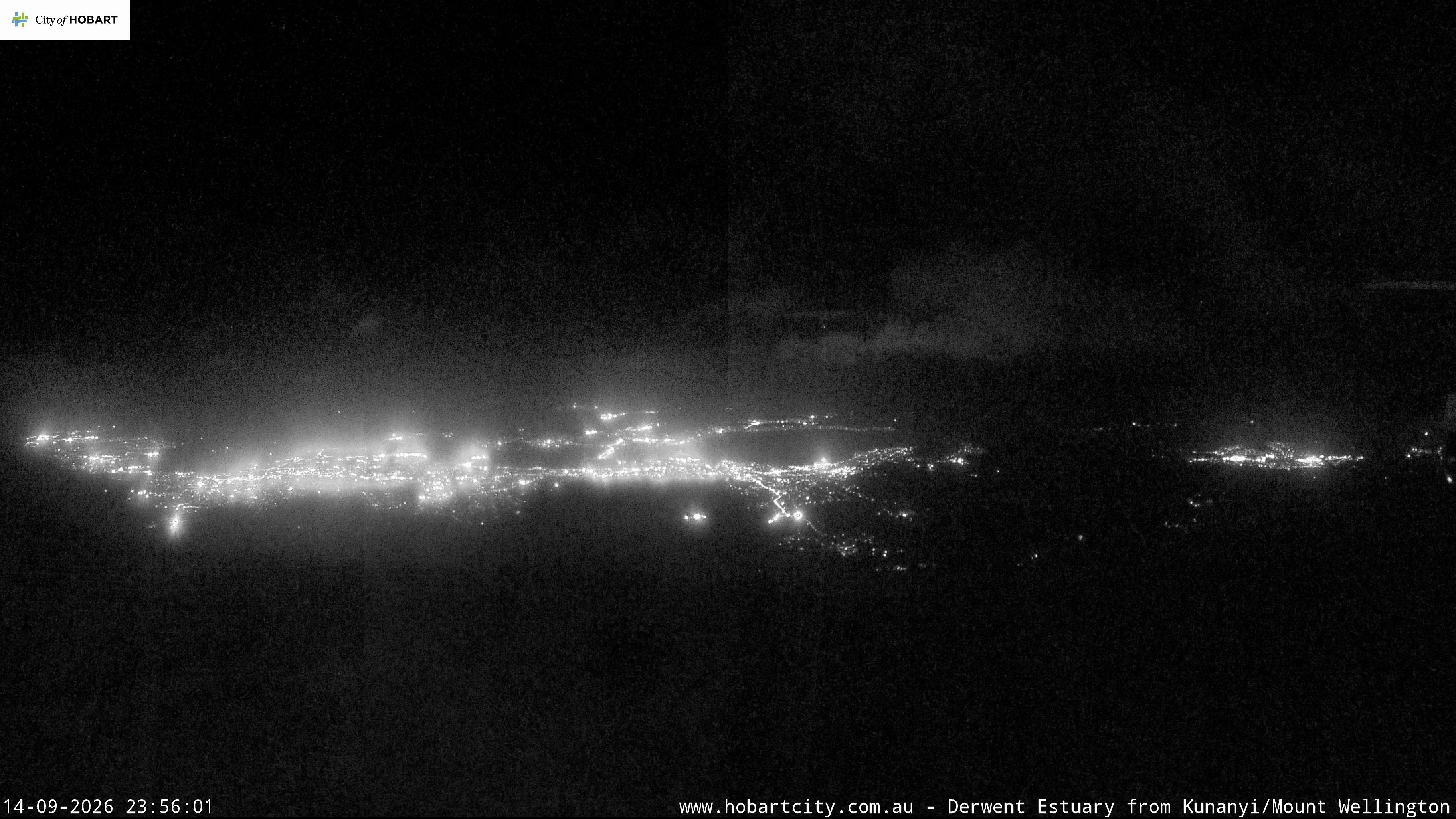kunanyi / Mt Wellington Hobart and Derwent Estuary snow cam captured at 14 September 2026 at 11:56 pm AEST