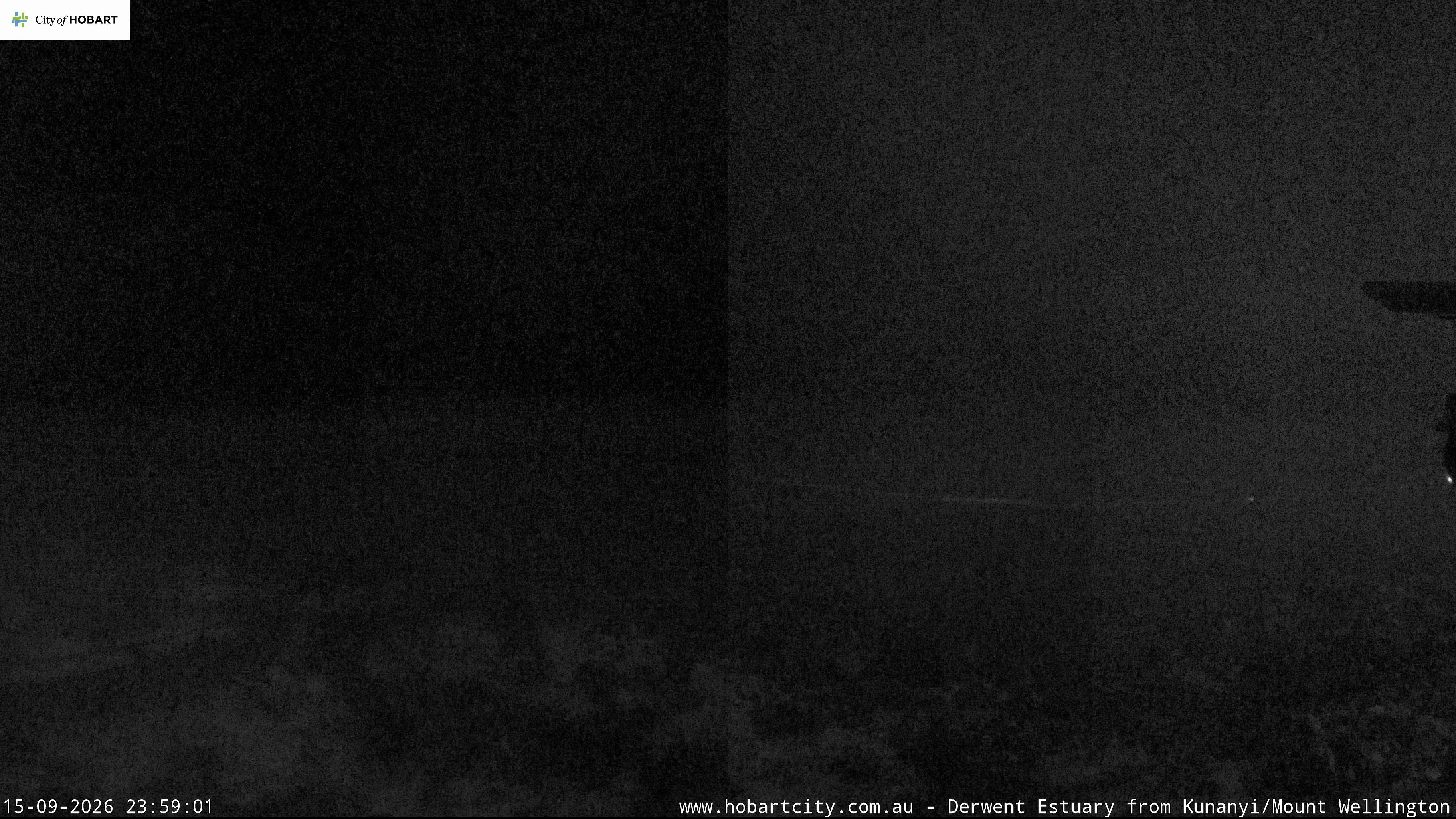 kunanyi / Mt Wellington Hobart and Derwent Estuary snow cam captured at 15 September 2026 at 11:59 pm AEST