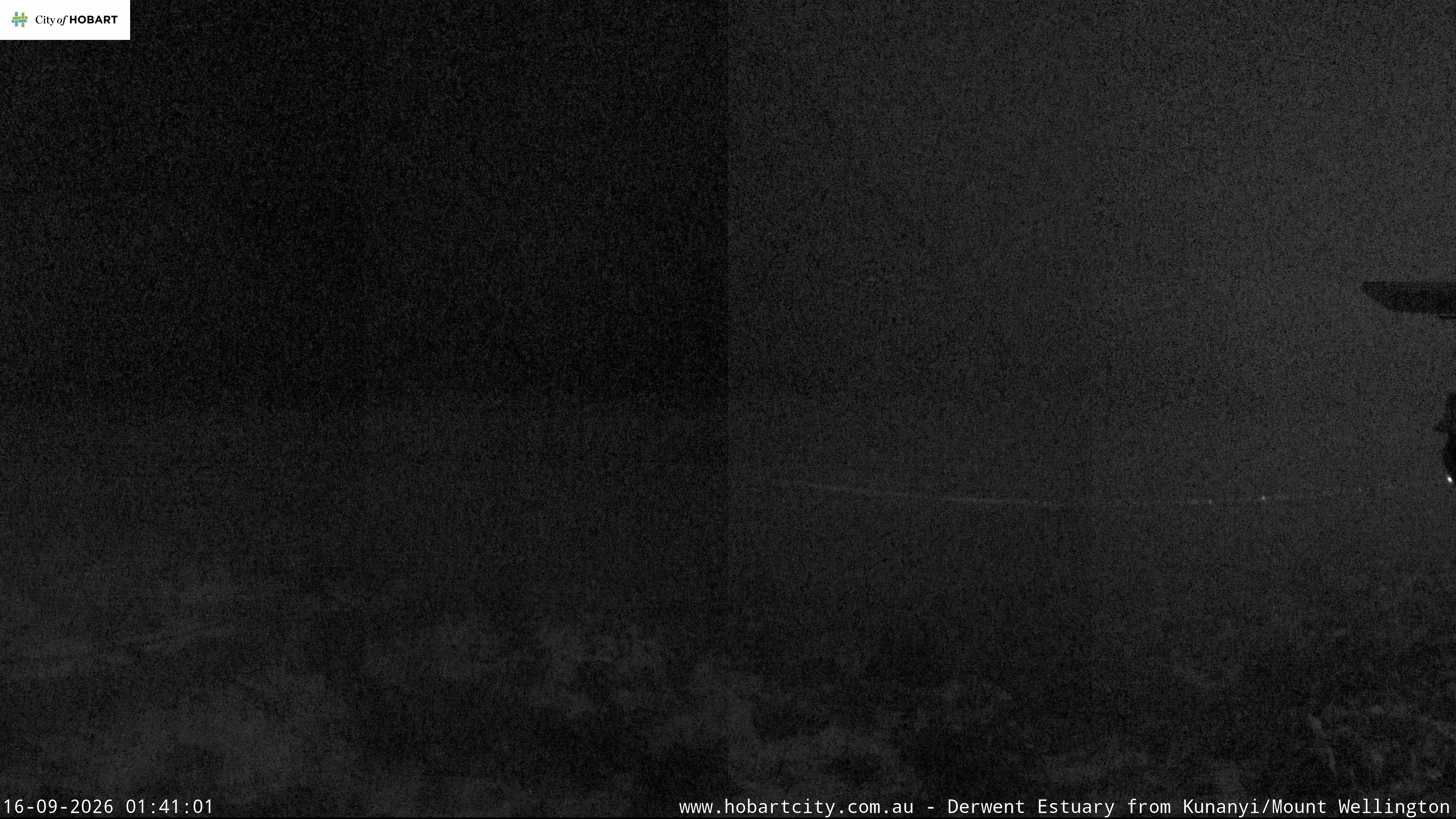 kunanyi / Mt Wellington Hobart and Derwent Estuary snow cam captured at 16 September 2026 at 1:41 am AEST