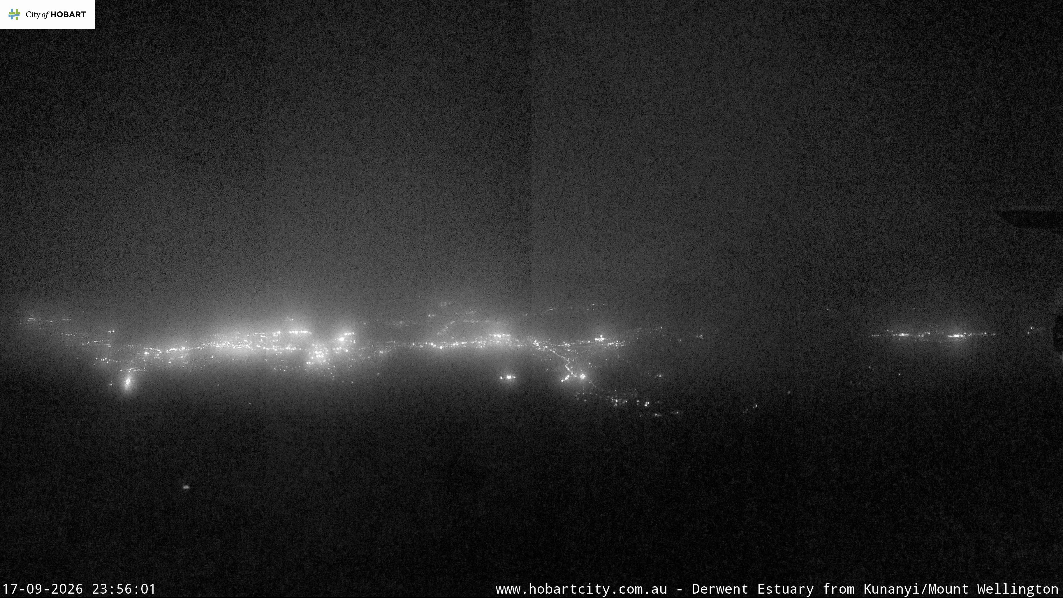 kunanyi / Mt Wellington Hobart and Derwent Estuary snow cam captured at 17 September 2026 at 11:56 pm AEST