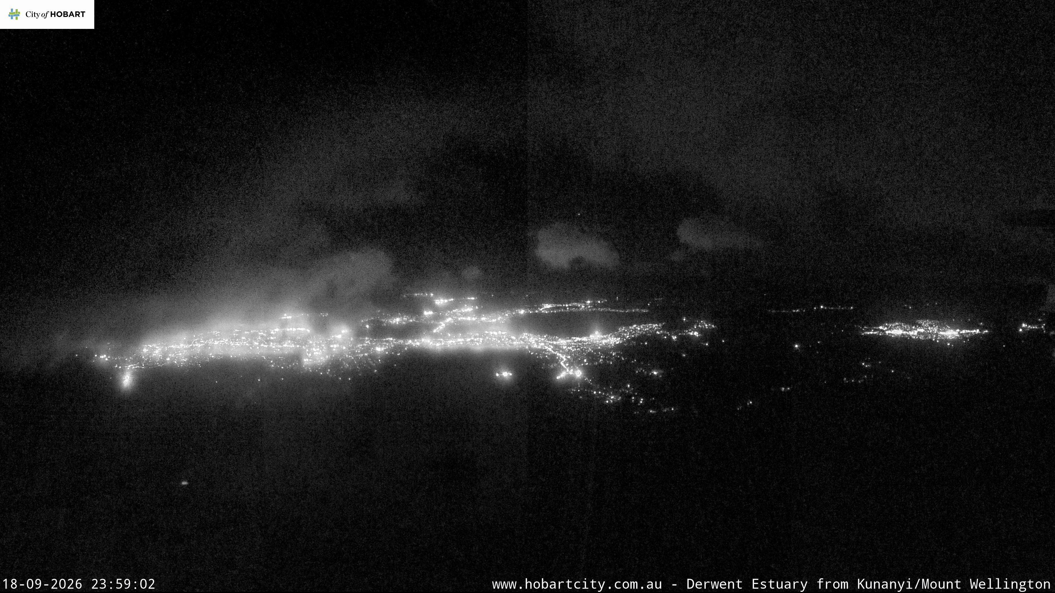 kunanyi / Mt Wellington Hobart and Derwent Estuary snow cam captured at 18 September 2026 at 11:59 pm AEST