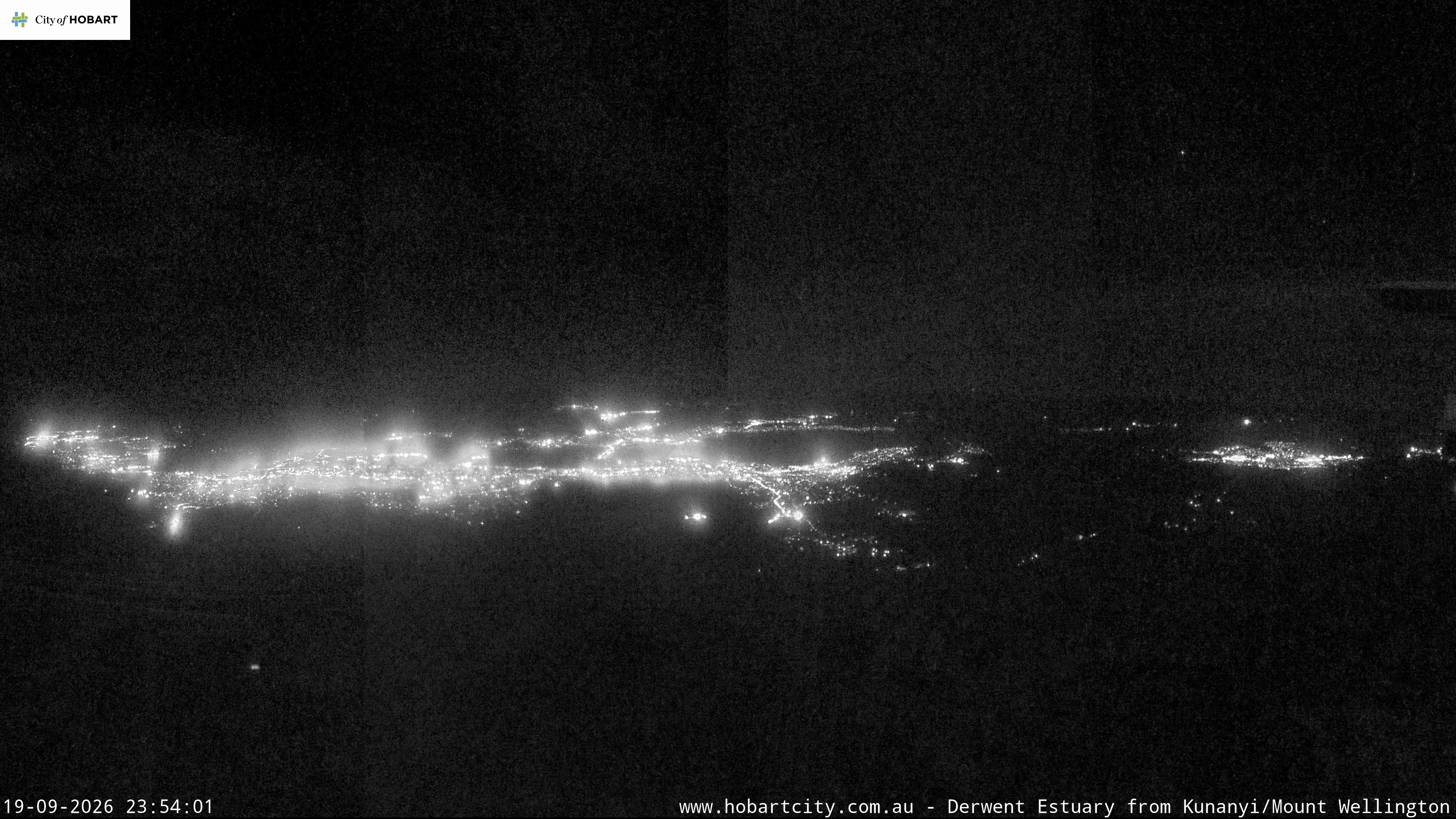 kunanyi / Mt Wellington Hobart and Derwent Estuary snow cam captured at 19 September 2026 at 11:54 pm AEST