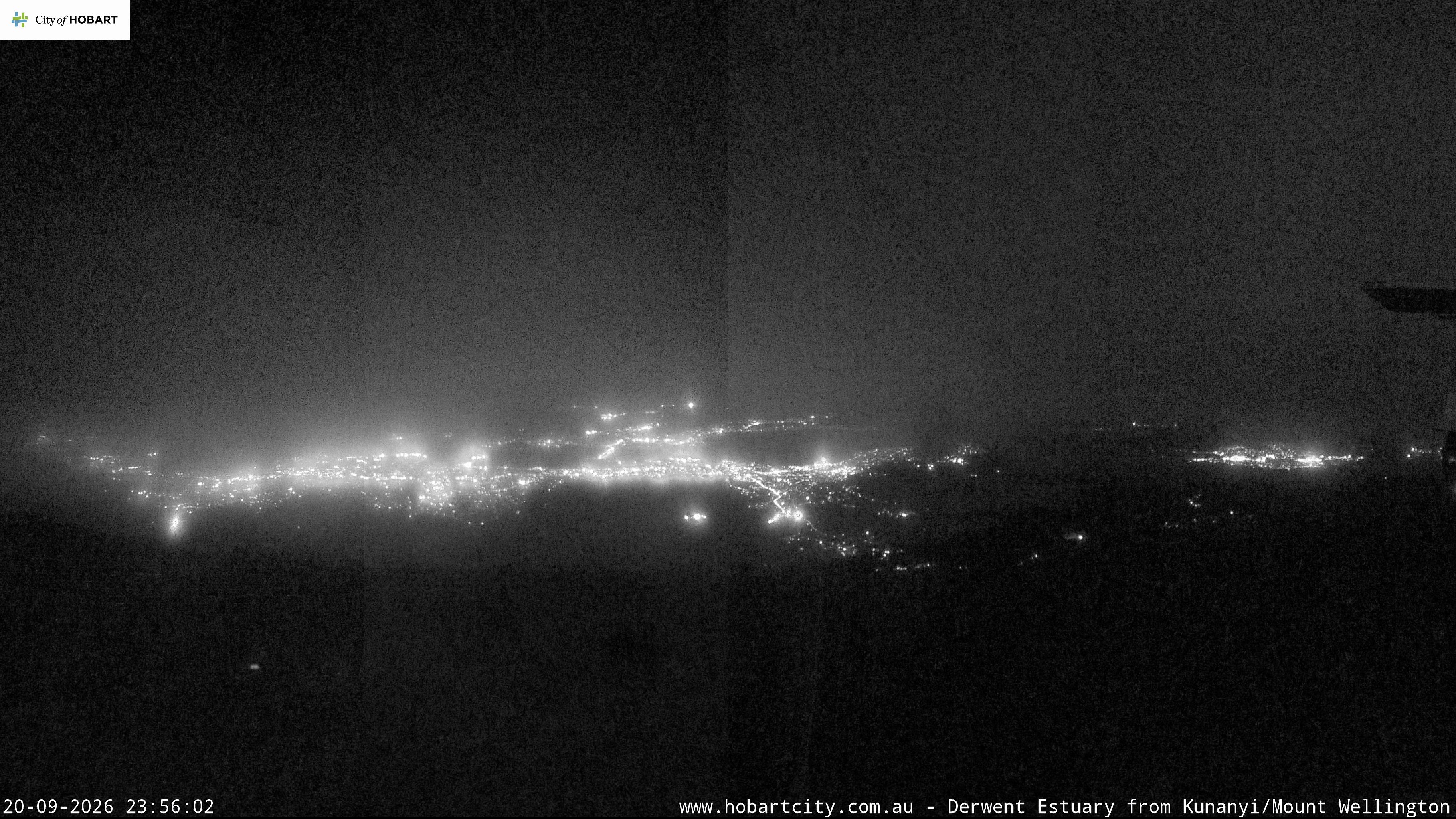 kunanyi / Mt Wellington Hobart and Derwent Estuary snow cam captured at 20 September 2026 at 11:56 pm AEST
