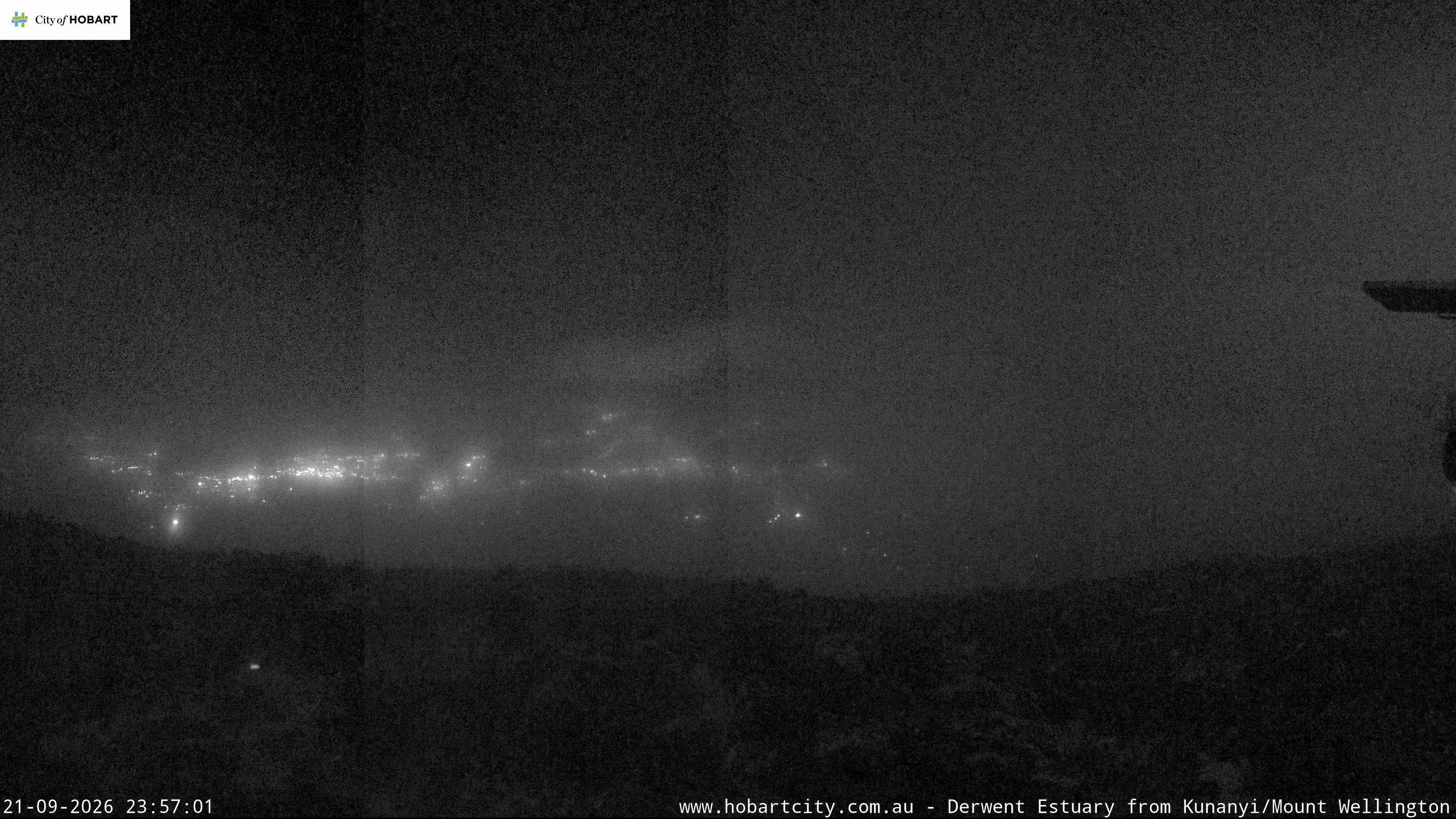 kunanyi / Mt Wellington Hobart and Derwent Estuary snow cam captured at 21 September 2026 at 11:57 pm AEST