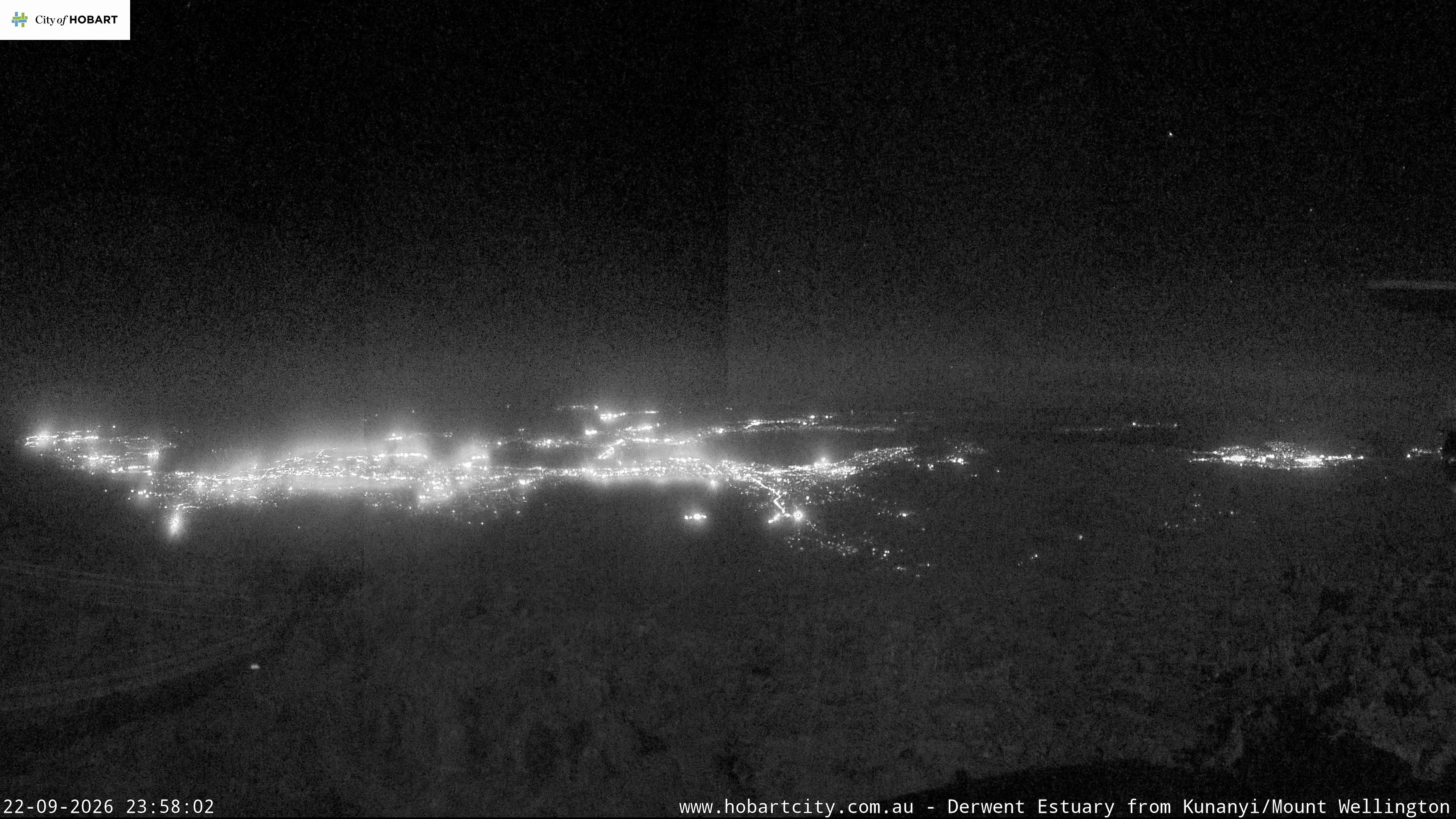 kunanyi / Mt Wellington Hobart and Derwent Estuary snow cam captured at 22 September 2026 at 11:58 pm AEST