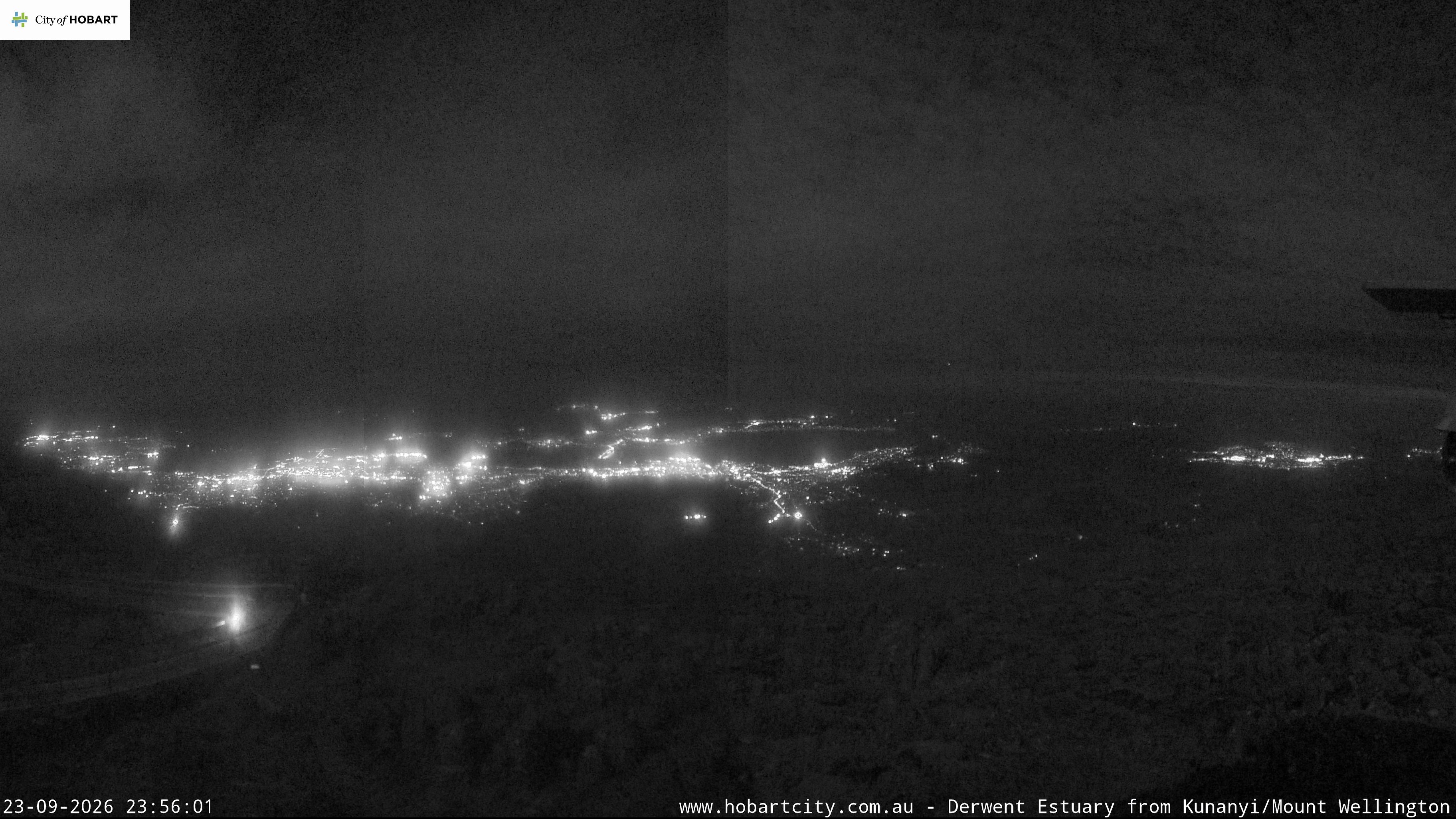 kunanyi / Mt Wellington Hobart and Derwent Estuary snow cam captured at 23 September 2026 at 11:56 pm AEST