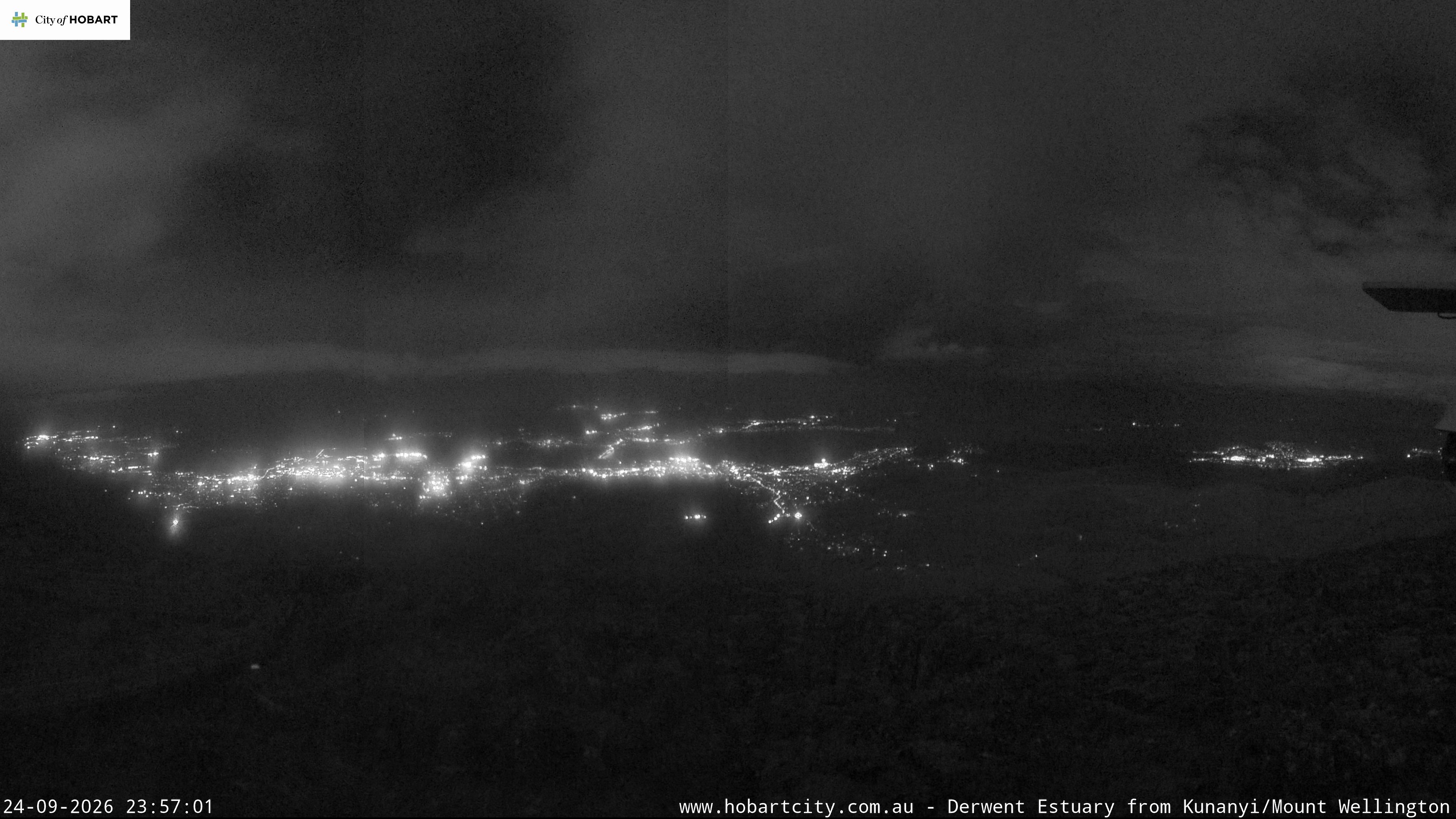 kunanyi / Mt Wellington Hobart and Derwent Estuary snow cam captured at 24 September 2026 at 11:57 pm AEST