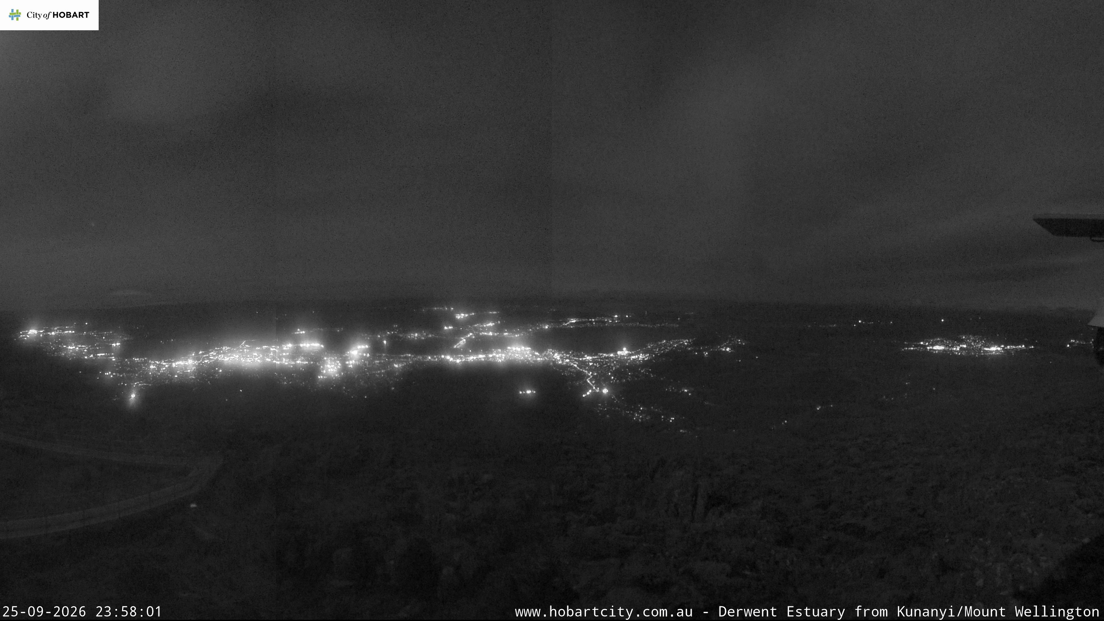 kunanyi / Mt Wellington Hobart and Derwent Estuary snow cam captured at 25 September 2026 at 11:58 pm AEST