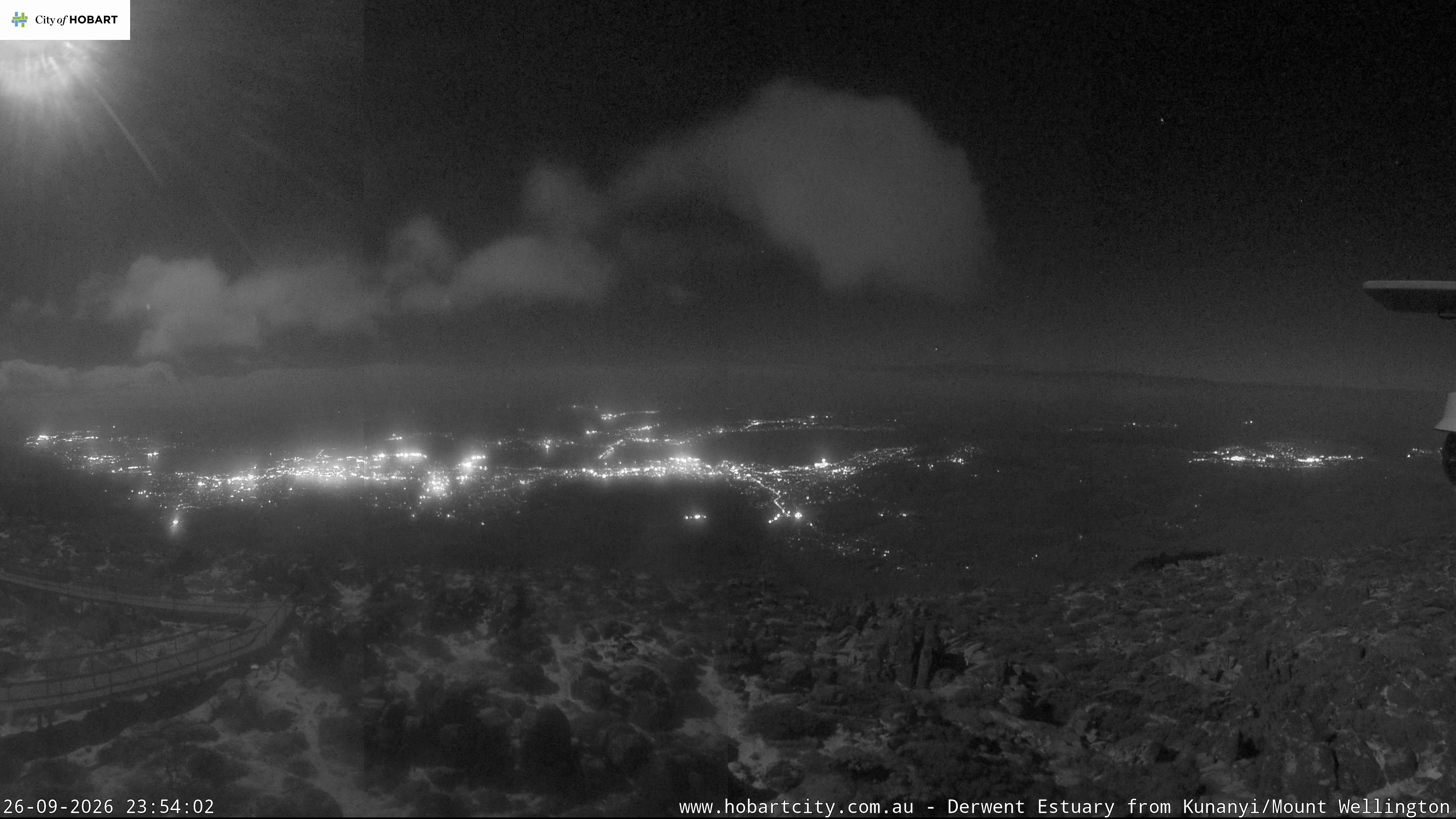 kunanyi / Mt Wellington Hobart and Derwent Estuary snow cam captured at 26 September 2026 at 11:54 pm AEST