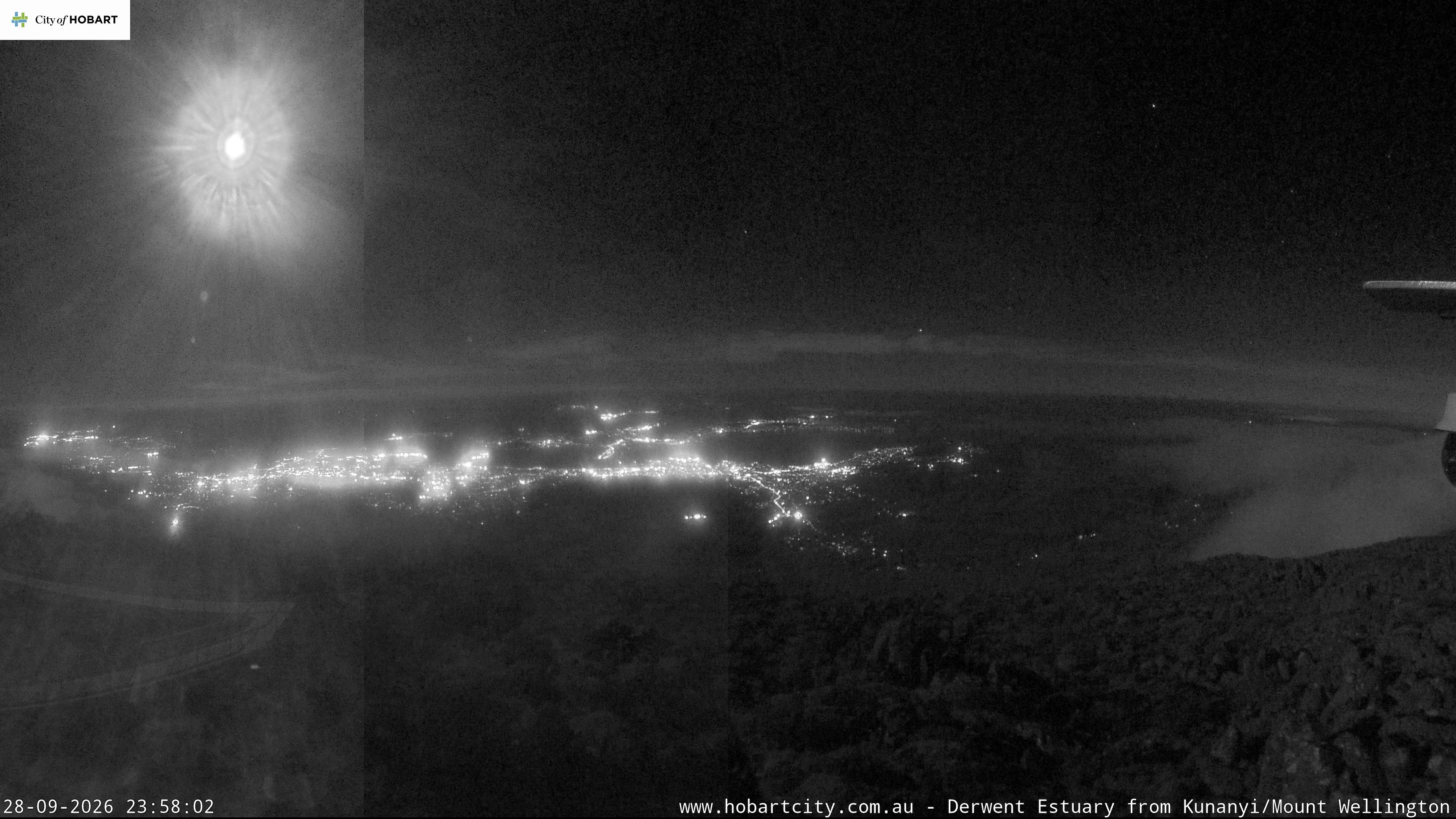 kunanyi / Mt Wellington Hobart and Derwent Estuary snow cam captured at 28 September 2026 at 11:58 pm AEST