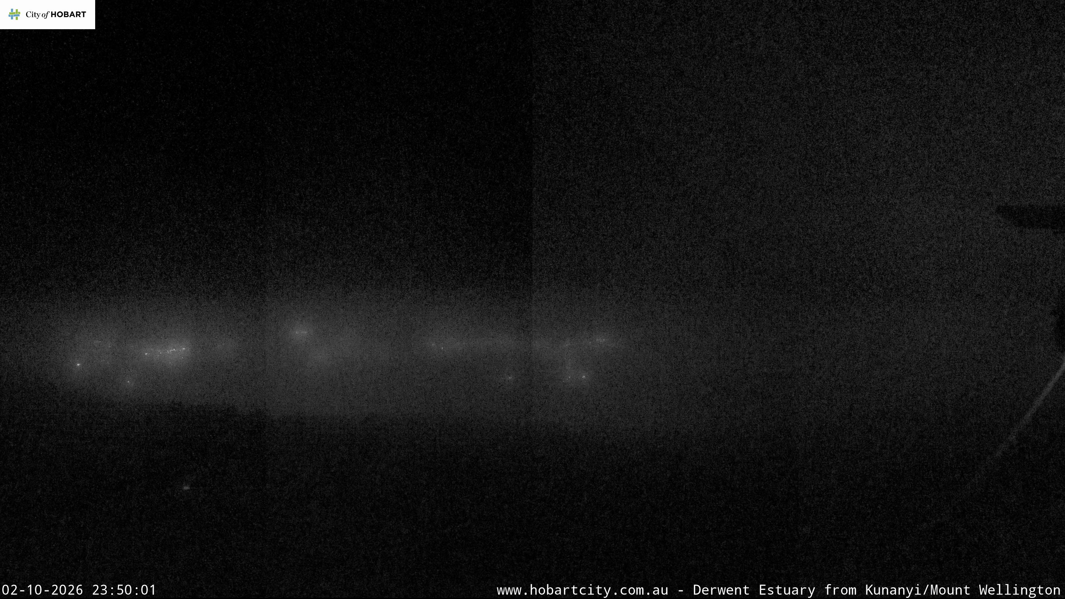 kunanyi / Mt Wellington Hobart and Derwent Estuary snow cam captured at 2 October 2026 at 11:50 pm AEST
