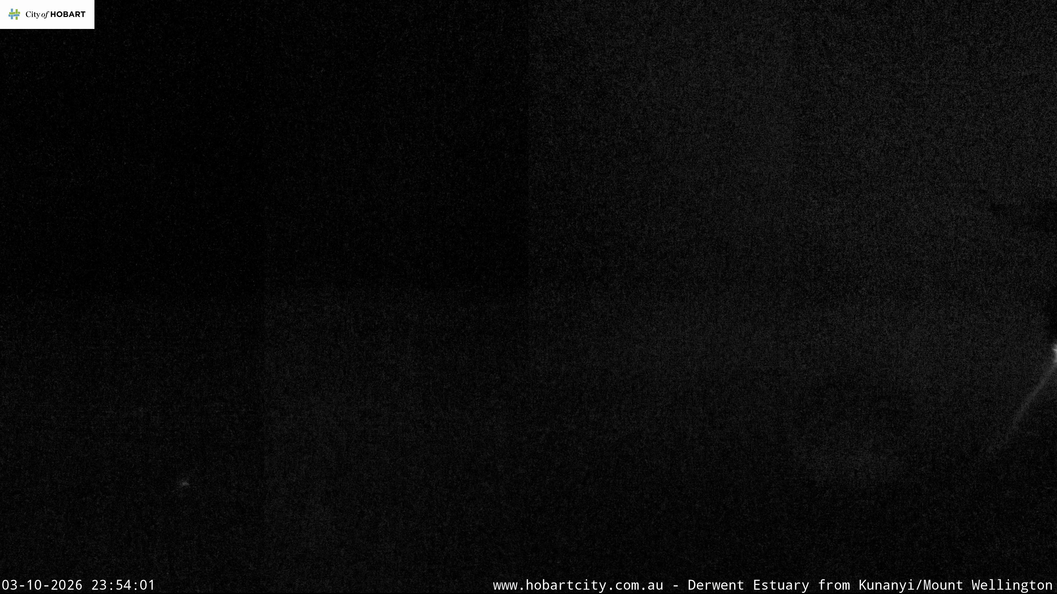 kunanyi / Mt Wellington Hobart and Derwent Estuary snow cam captured at 3 October 2026 at 11:54 pm AEST