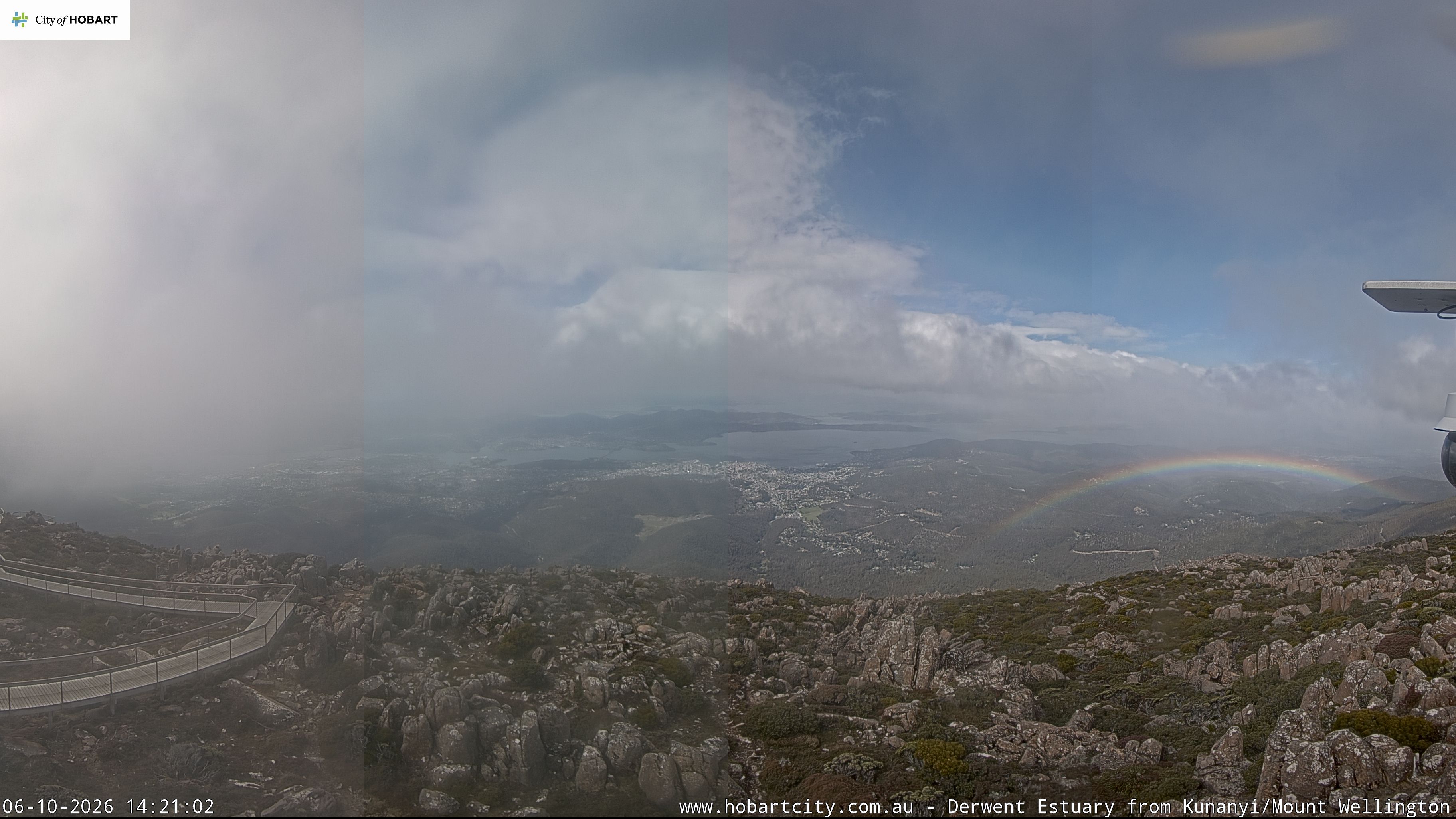 kunanyi / Mt Wellington Hobart and Derwent Estuary snow cam captured at 6 October 2026 at 2:21 pm AEDT