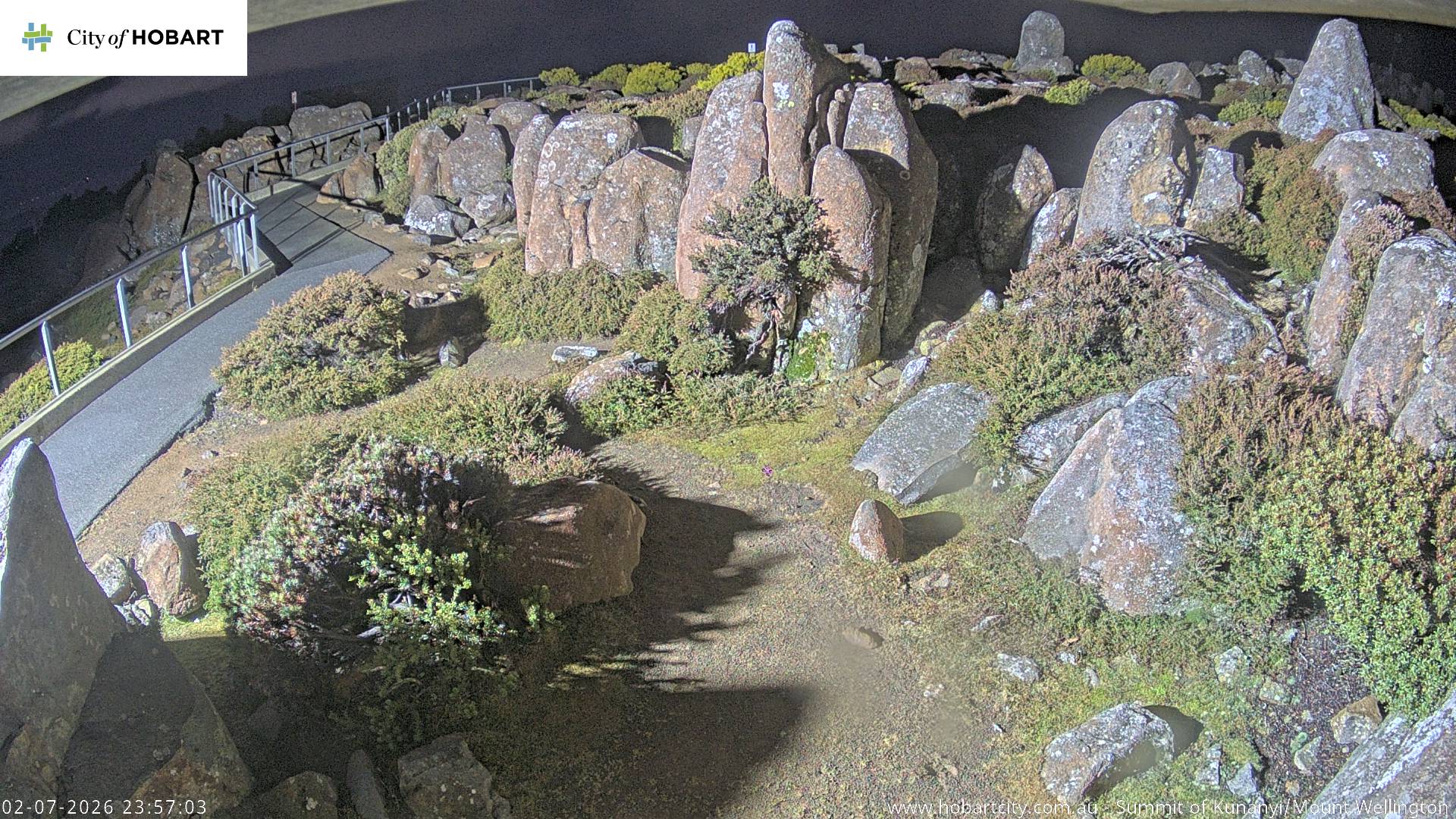 kunanyi / Mt Wellington Summit snow cam captured at 2 July 2026 at 11:57 pm AEST